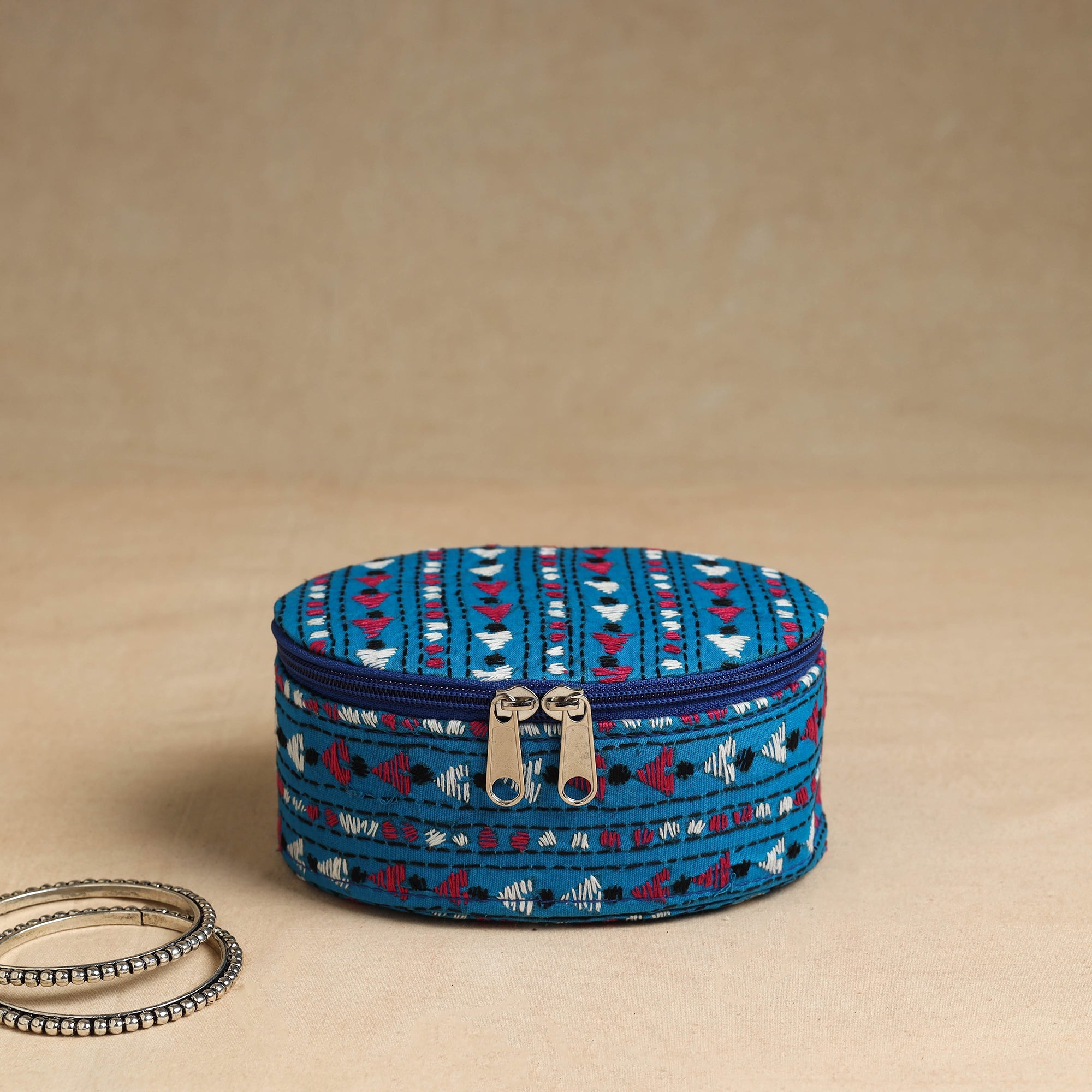 ASALKAAR Blue - Bengal Kantha Work Handcrafted Oval Jewelry Box with Mirror 21