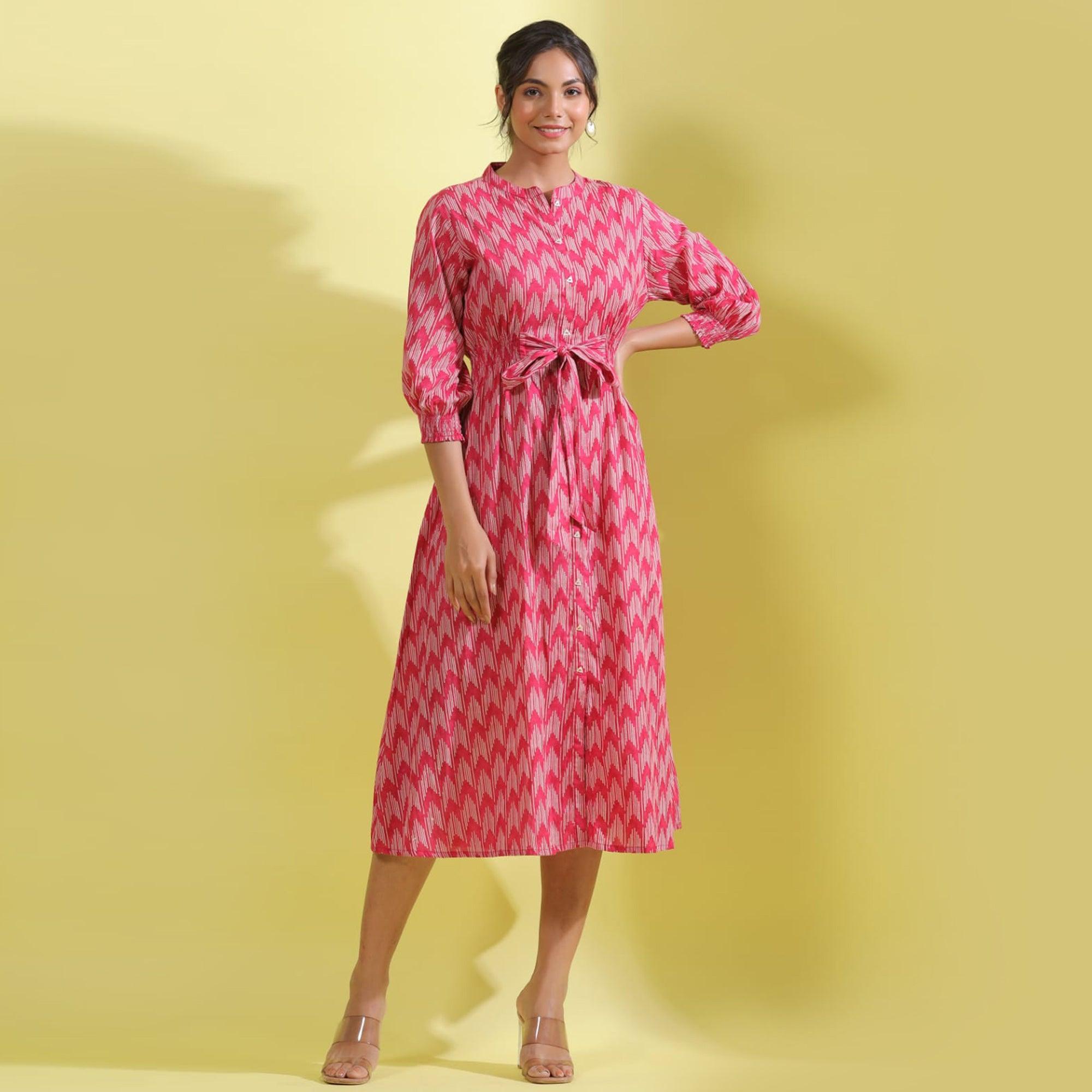 Peachmode Light Pink Printed Pure Cotton Dress - view 8