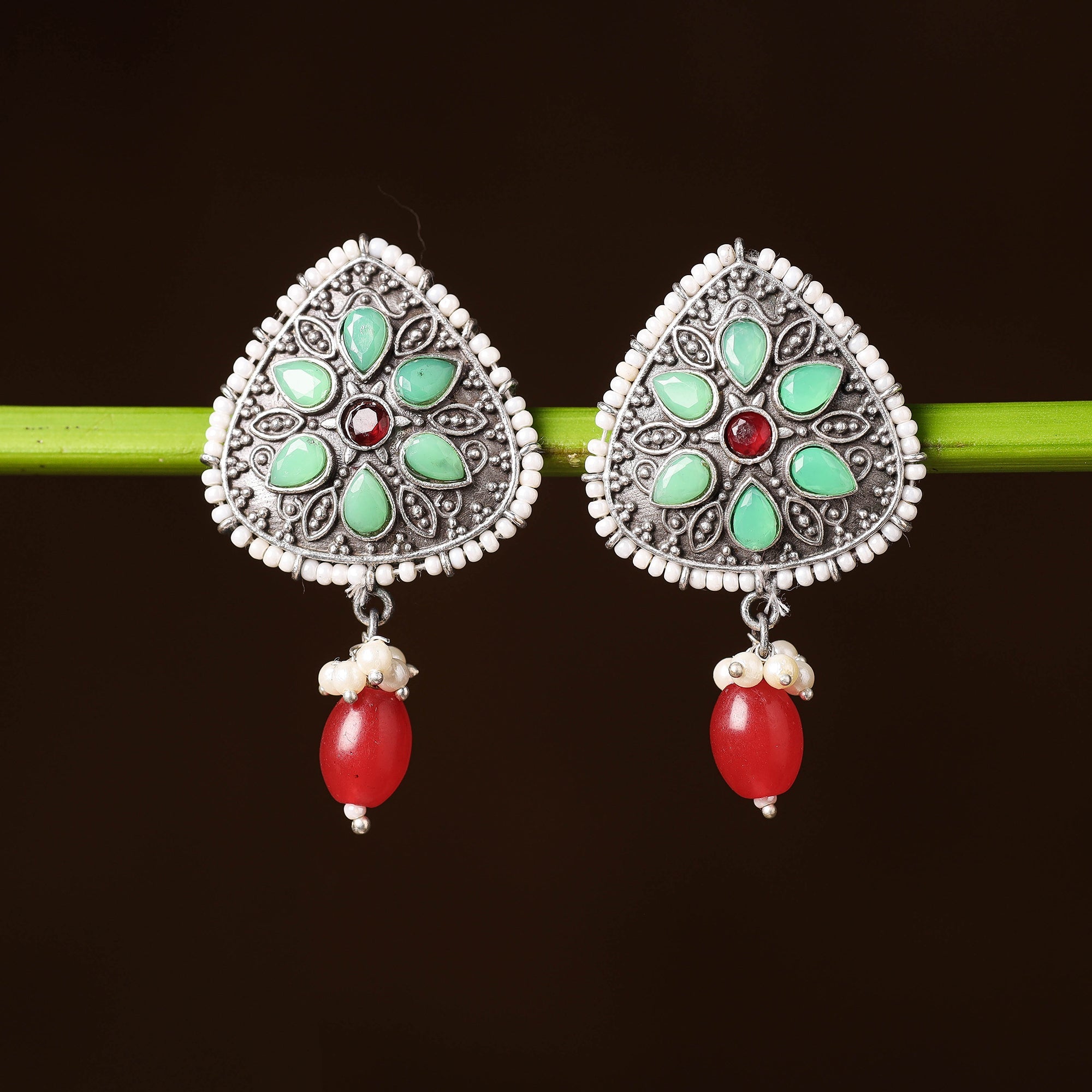 WHITE RIVER STORIES Antique Silver Finish Oxidised Brass Base Stone & Bead Work Earrings