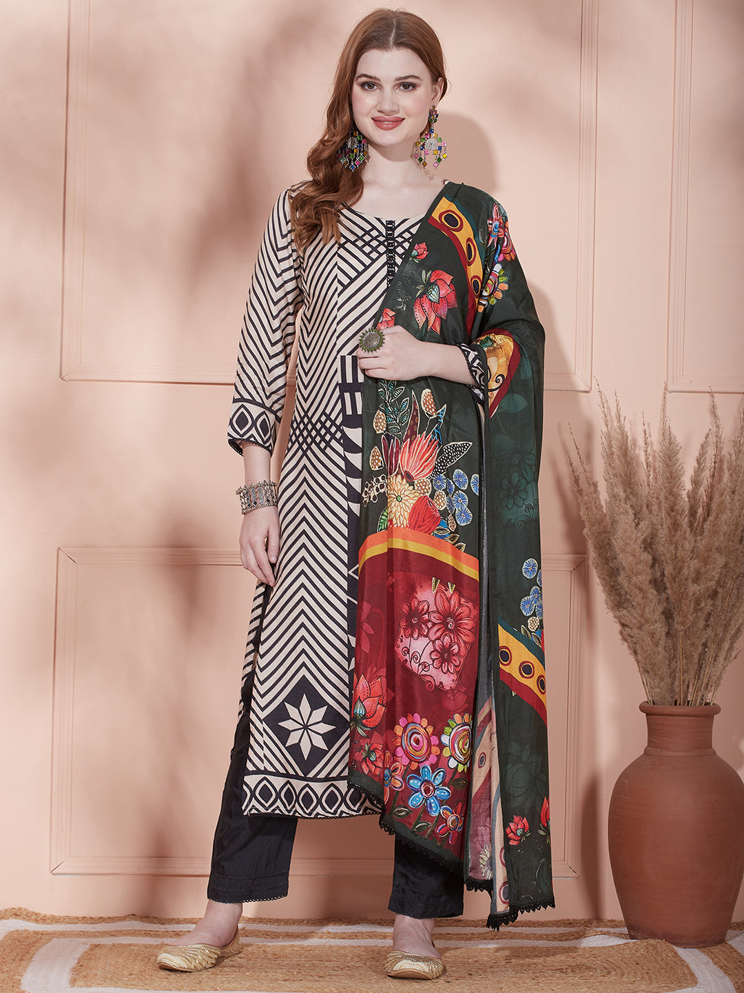 Fashor Geometric Stripes Printed Straight Kurta with Pant & Printed Dupatta - Beige