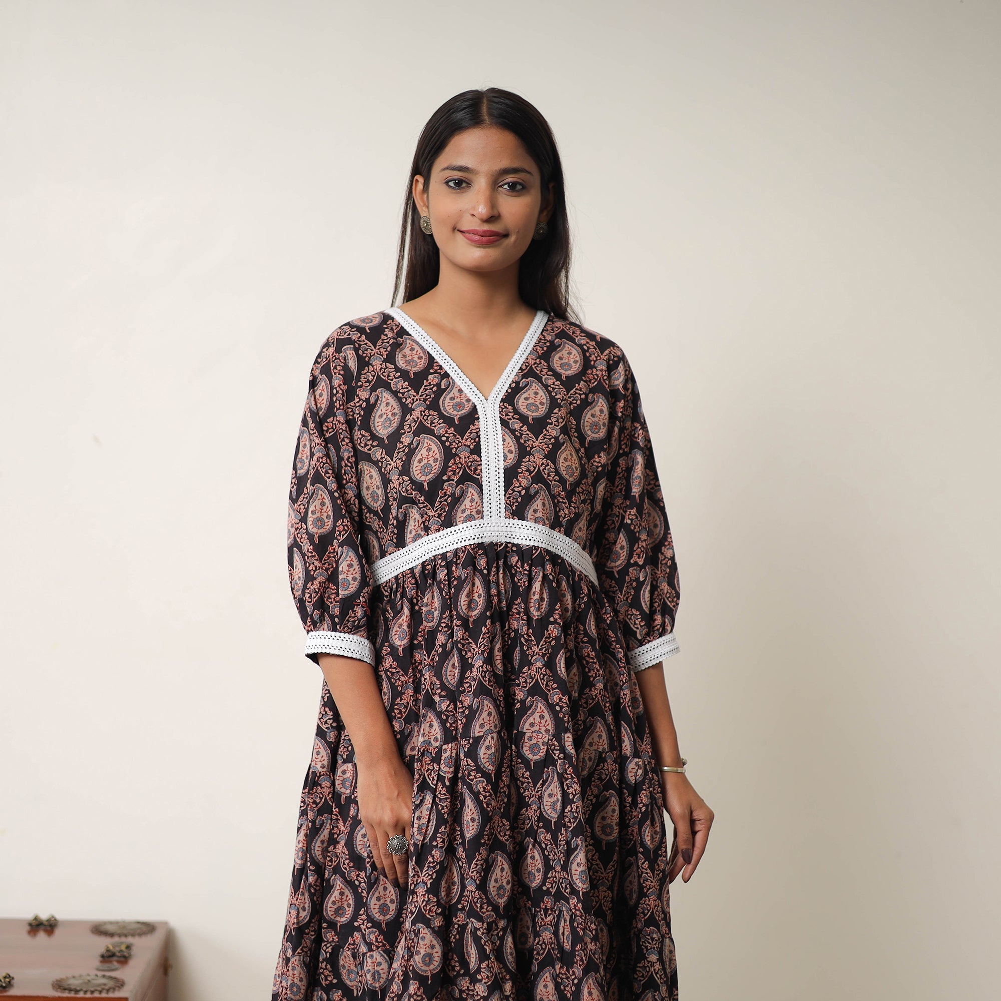 ITOKRI CASUALS Black - Hand Block Print Cotton Tiered Ajrakh Dress 19