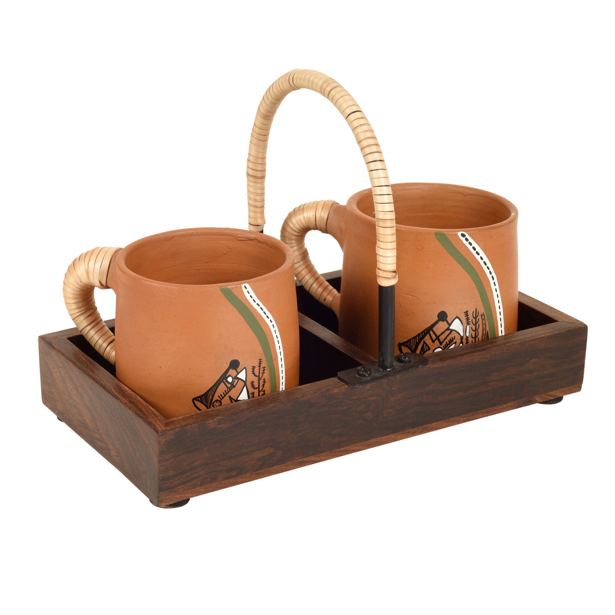 ART CREATIONS BY SUMAN SONTHALIA Brown - Happy Morning Earthen Cups with Cane Embellished Tray - view 3