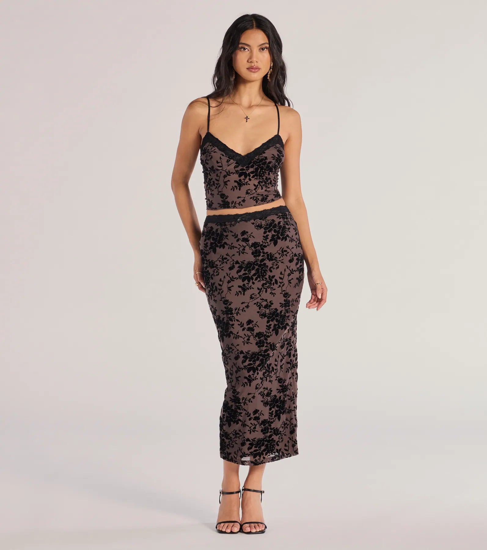 Windsor Luxe Touch Flocked Velvet Midi Skirt – BROWN