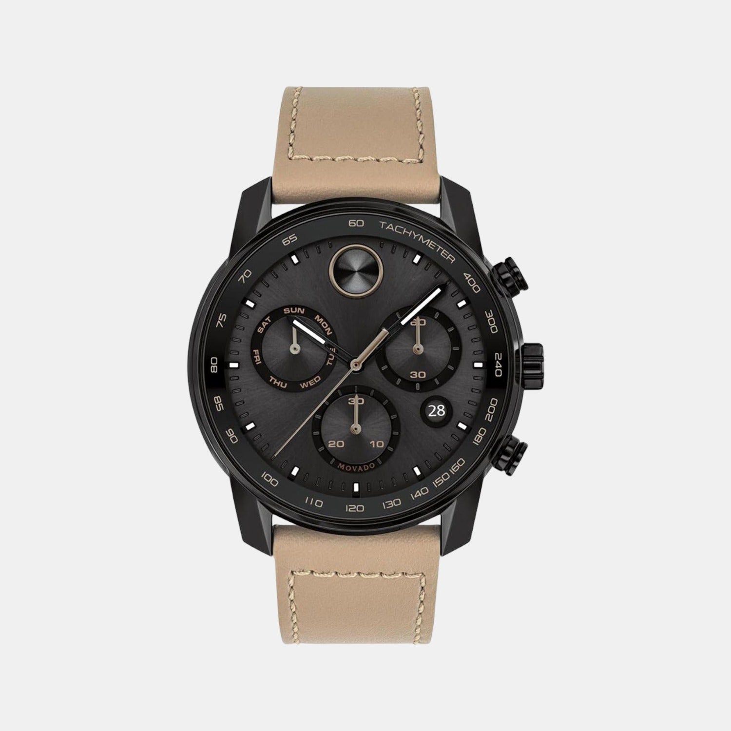 Movado Bold Verso Men Quartz Black Dial Chronograph Leather Watch 3600738