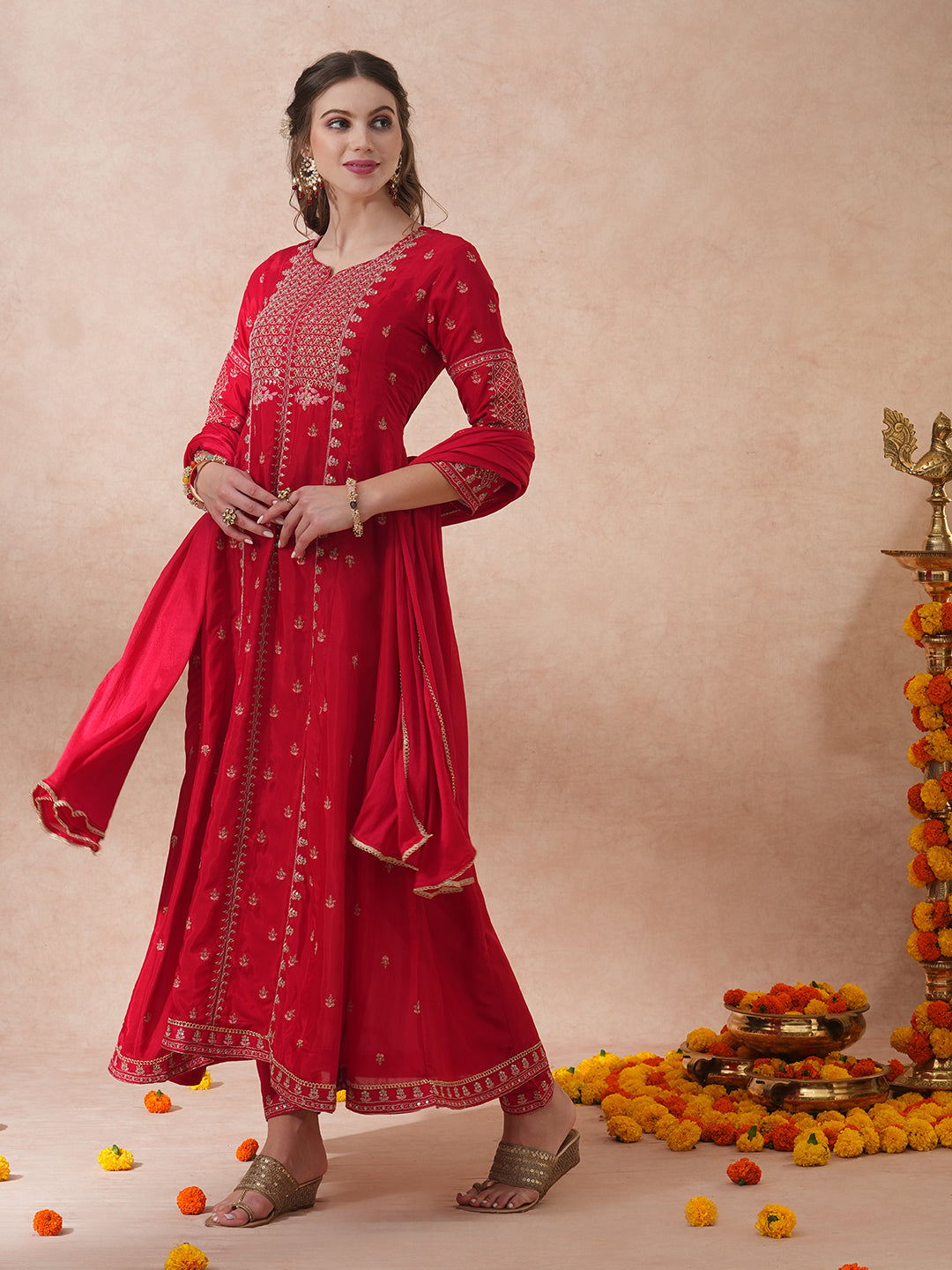 FASHOR Solid Ethnic Embroidered Anarkali Flared Kurta with Pant & Dupatta - Red - view 5