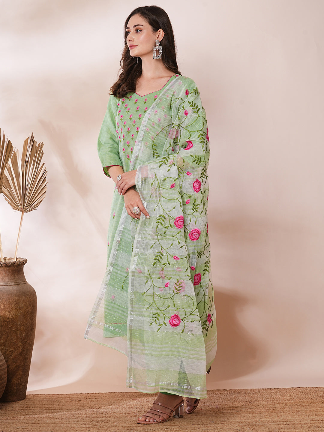 FASHOR Solid Floral Embroidered Straight Fit Kota Doriya Kurta with Dupatta & Pant - Green - view 4