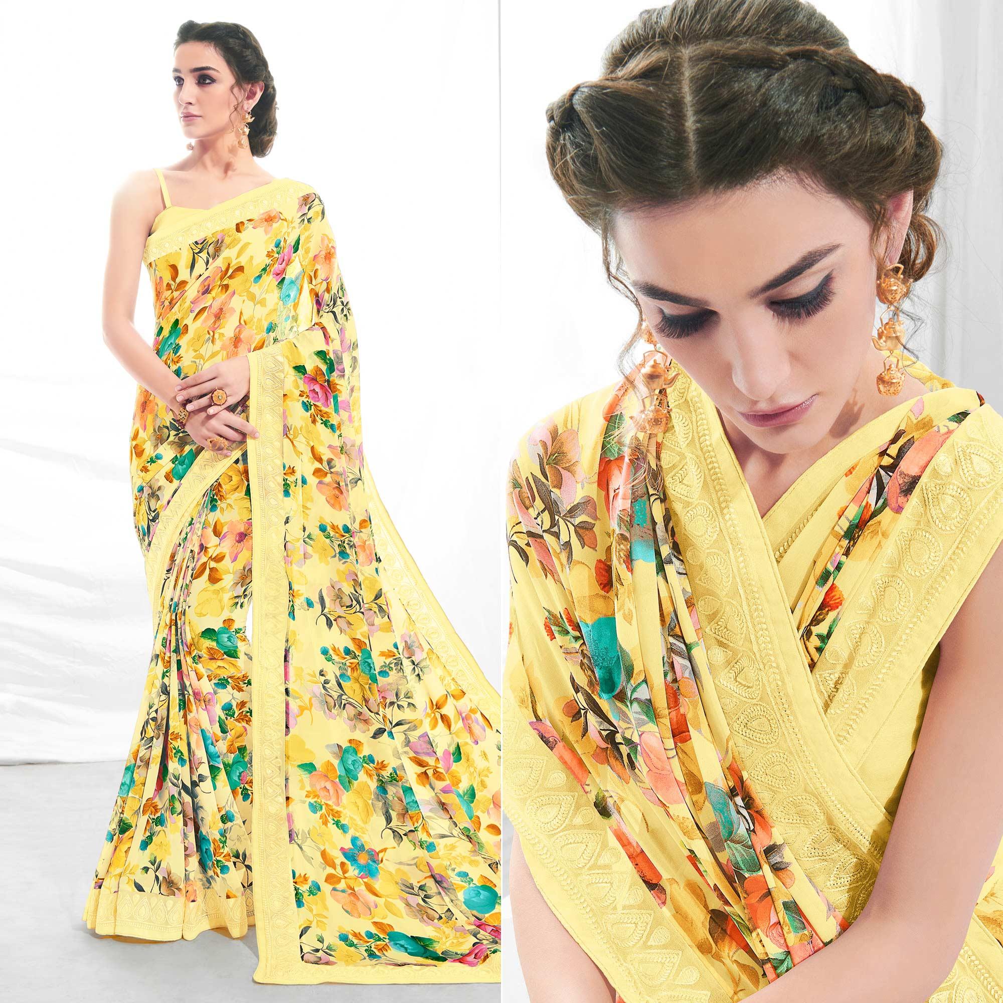 Peachmode Lemon Green Floral Printed With Embroidered Border Georgette Saree