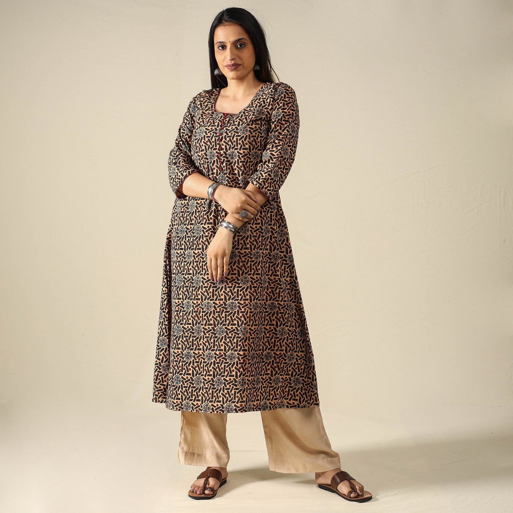 ITOKRI CASUALS Brown - Ajrakh Block Printed Cotton Long A-Line Kurta - view 2