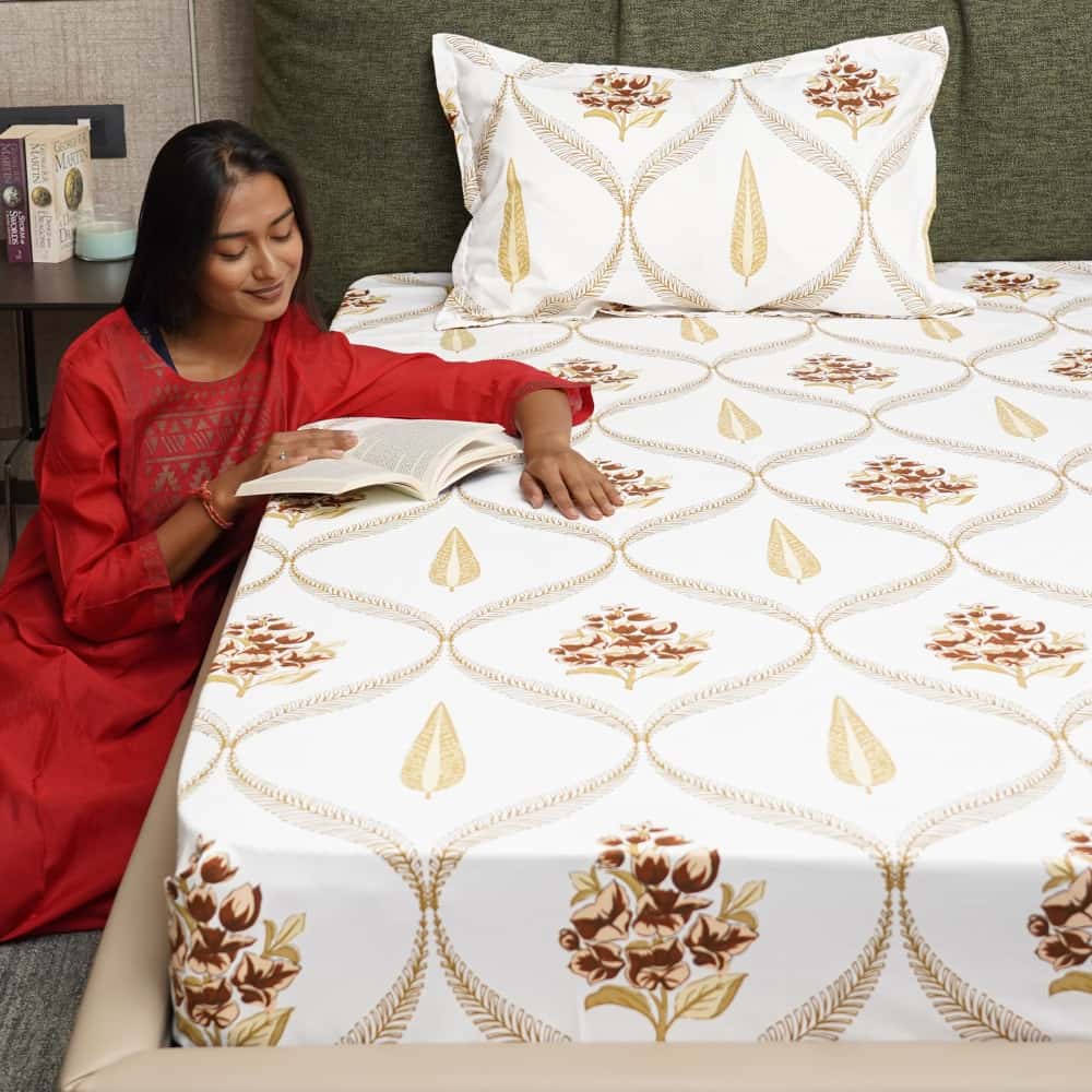 Urban Space -Home Furnishing Store Fitted King Size Cotton Bedsheet - Floral Moroccan - Brown