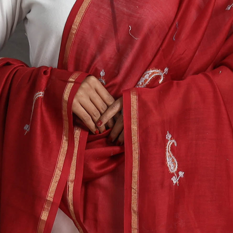 ITOKRI CRAFTS INITIATIVE Handloom Chanderi Silk Kashida Embroidery Dupatta 07 - view 4