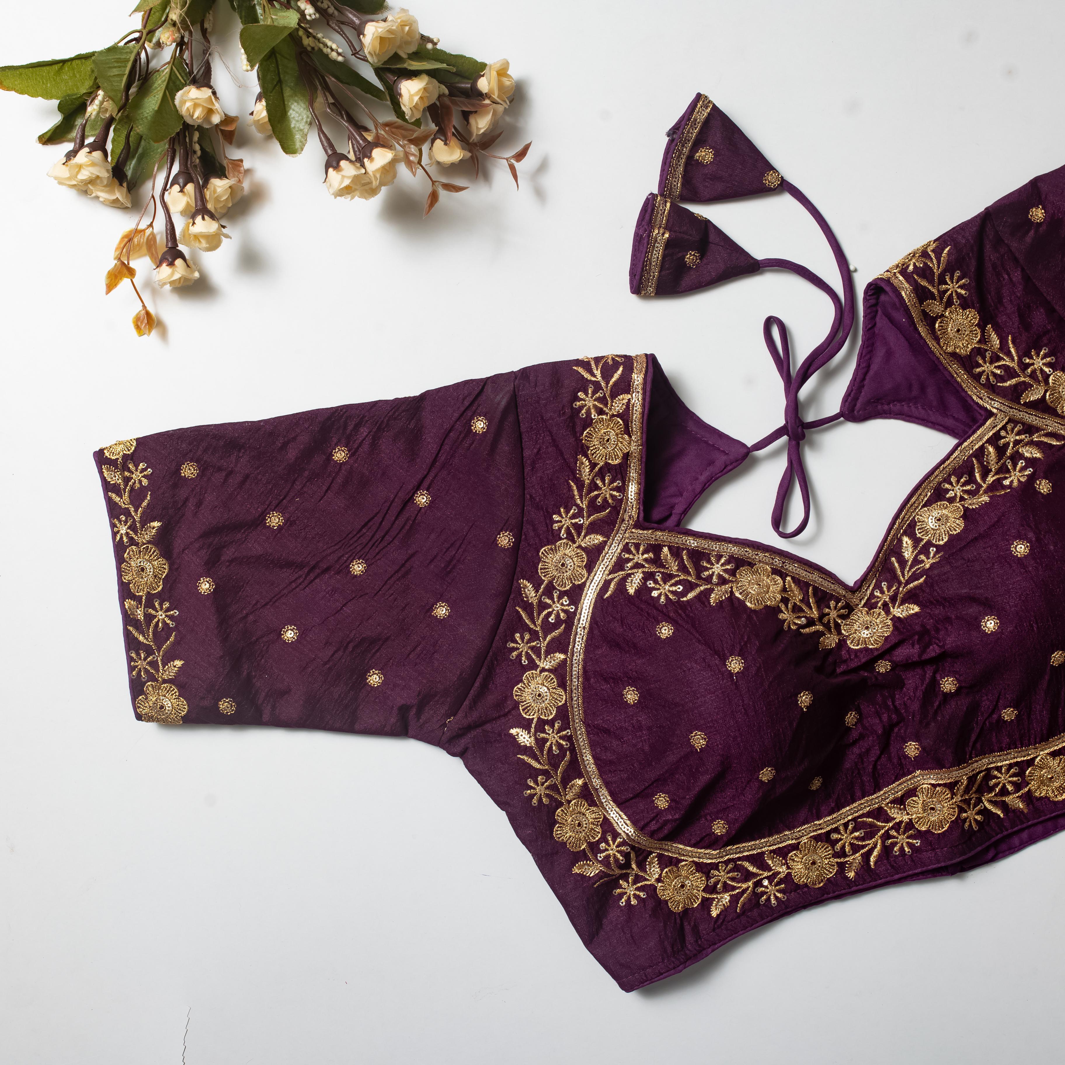 ClothsVilla Wine Color Olive Silk Blouse with Golden Embroidery and Sequins