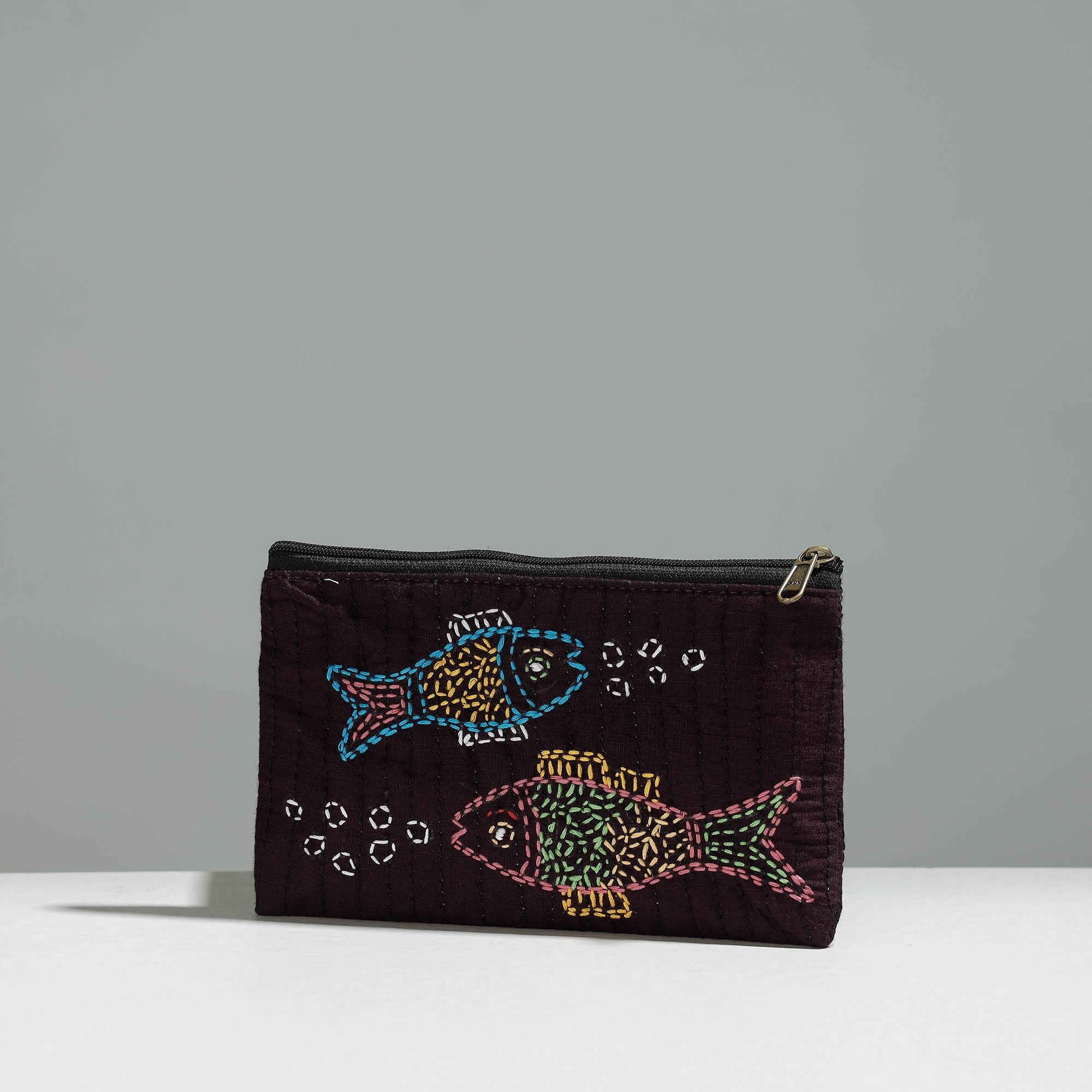 RANGILA DHAGA Brown - Gamcha Fabric Hand Embroidered Jewelry Pouch - view 2