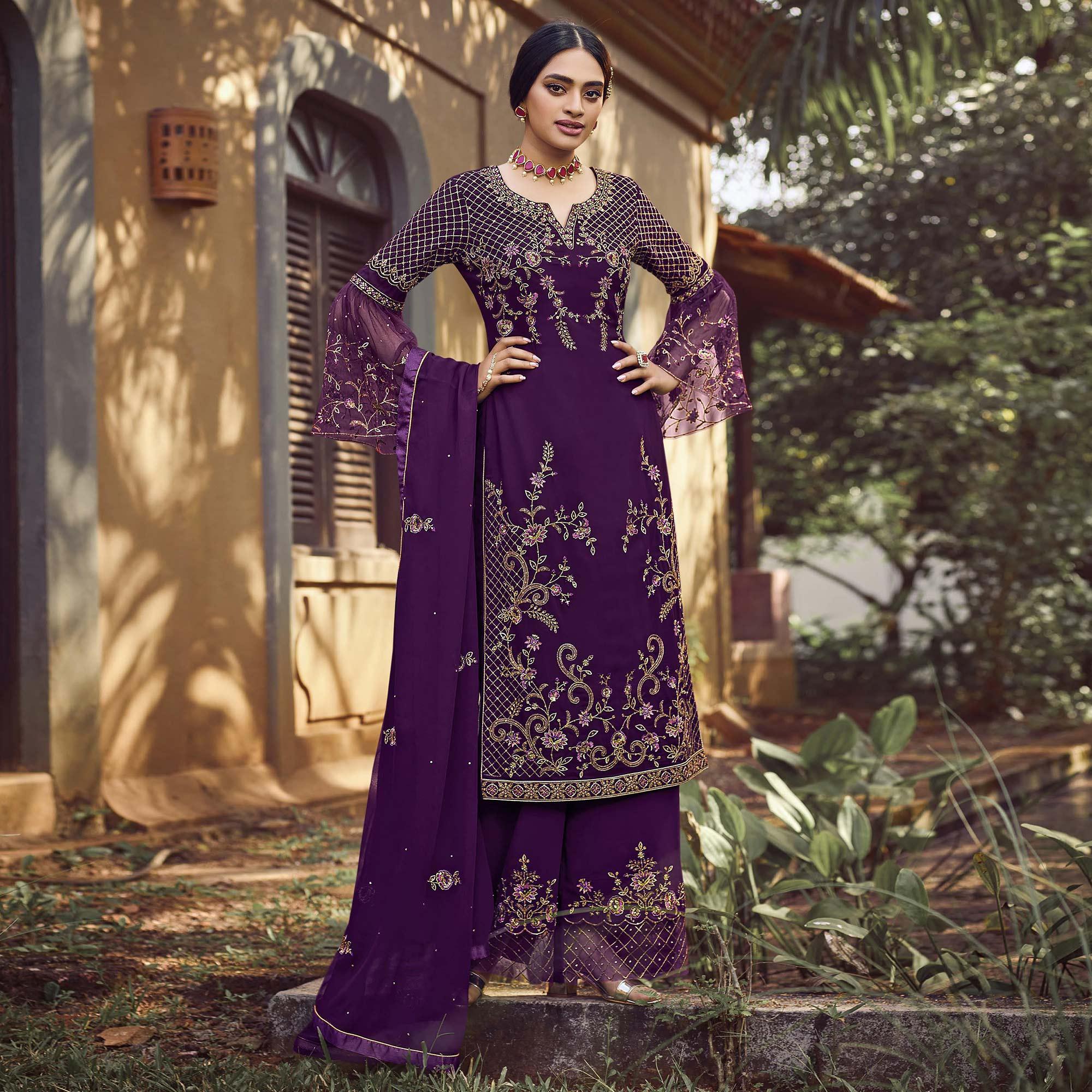 Peachmode Festive Wear Purple Floral Embroidery work Faux Georgette Straight Cut palazzo Suit
