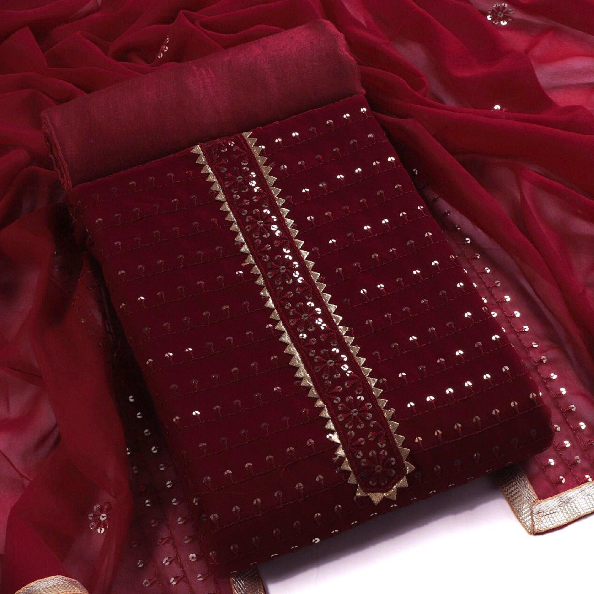 Peachmode Maroon Sequins Embroidered Georgette Dress Material