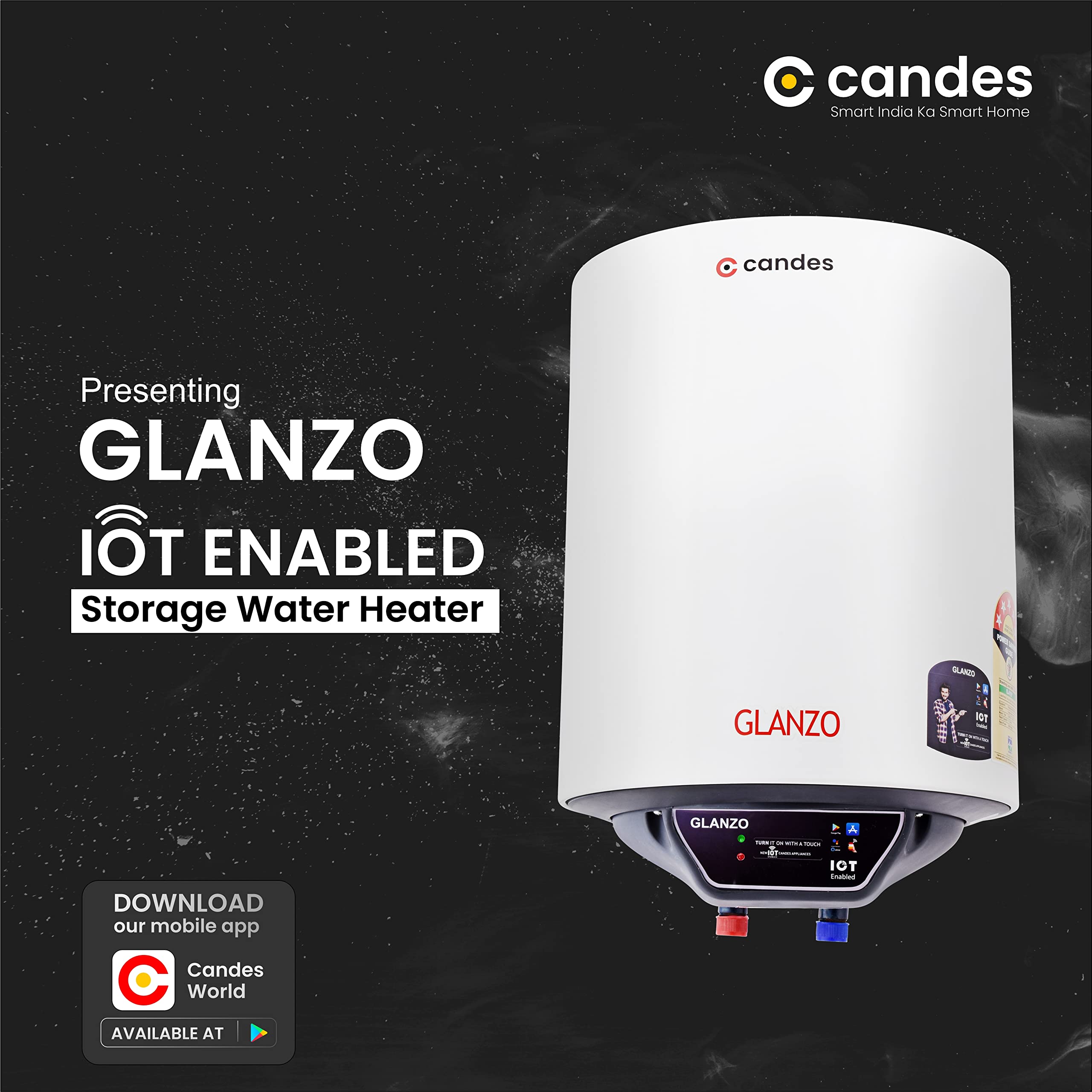 Candes 10 Litre IOT Enabled Glanzo Glassline ISI Approved Storage Electric Water Heater (Geyser) 5 Star Rated with Installation Kit & Special Anti Rus - view 2
