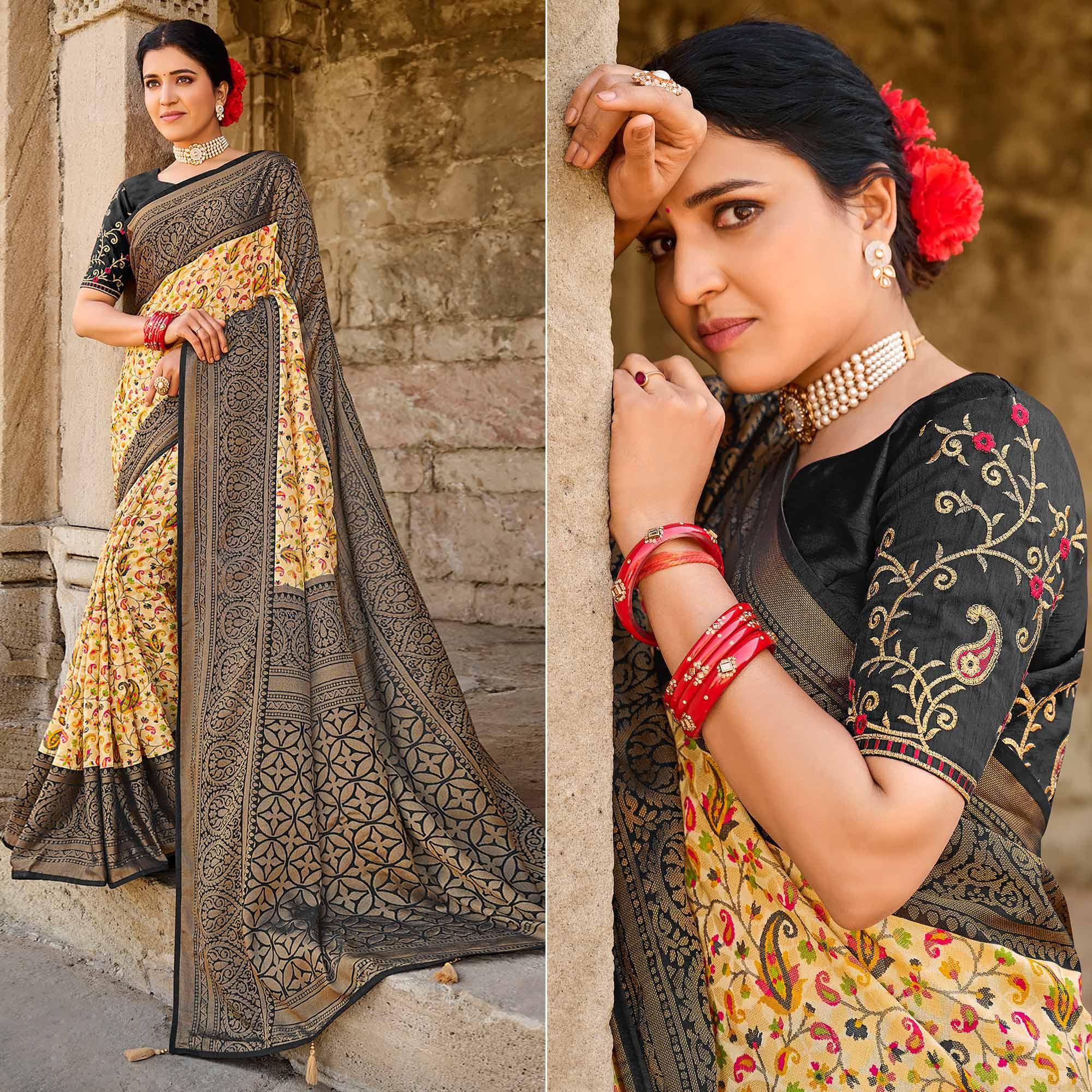 Peachmode Cream Printed Art Silk Saree With Tassels