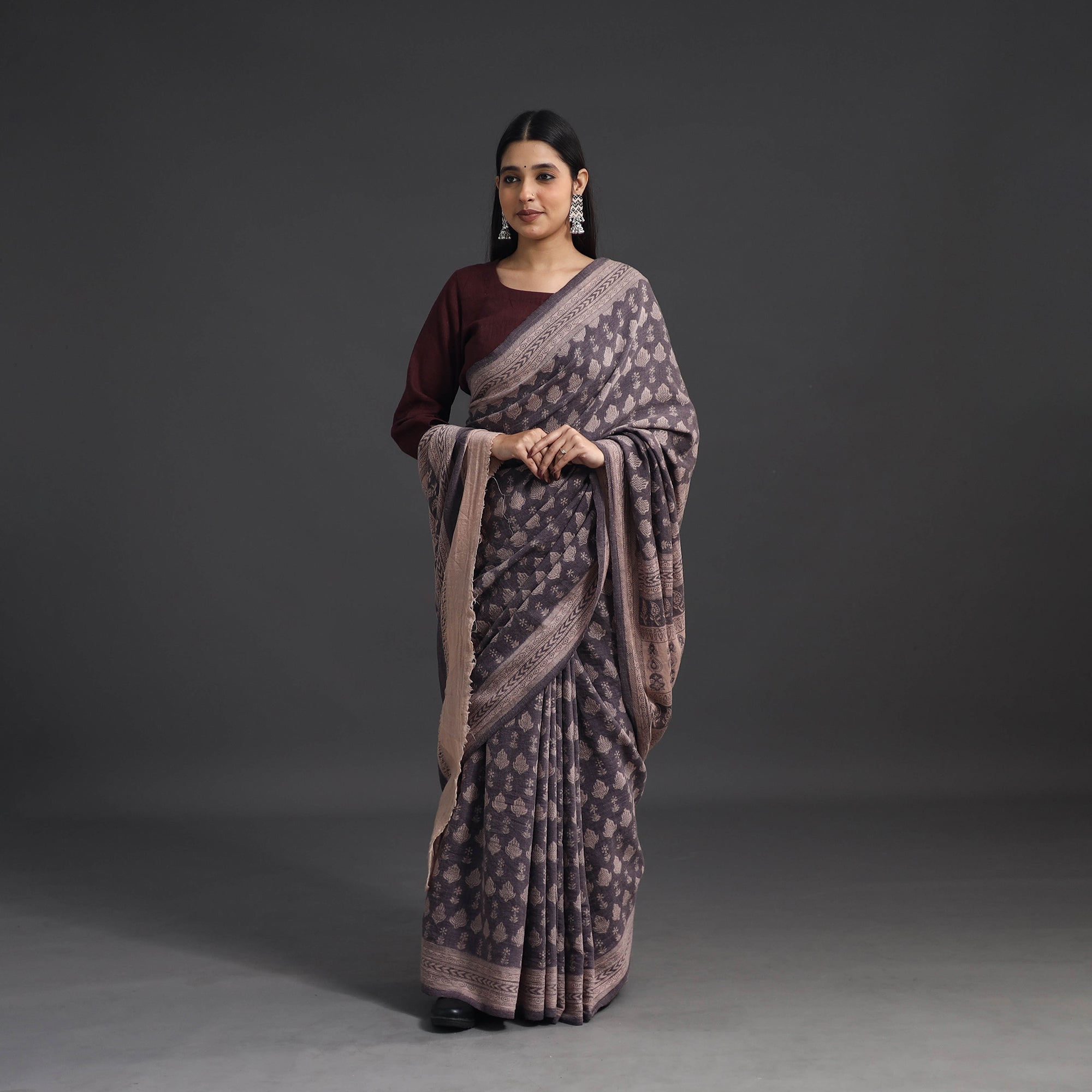 BAGH PRINTS BY UMAR FARUK KHATRI Brown - Handwoven Merino Wool Bagh Block Print Saree 05