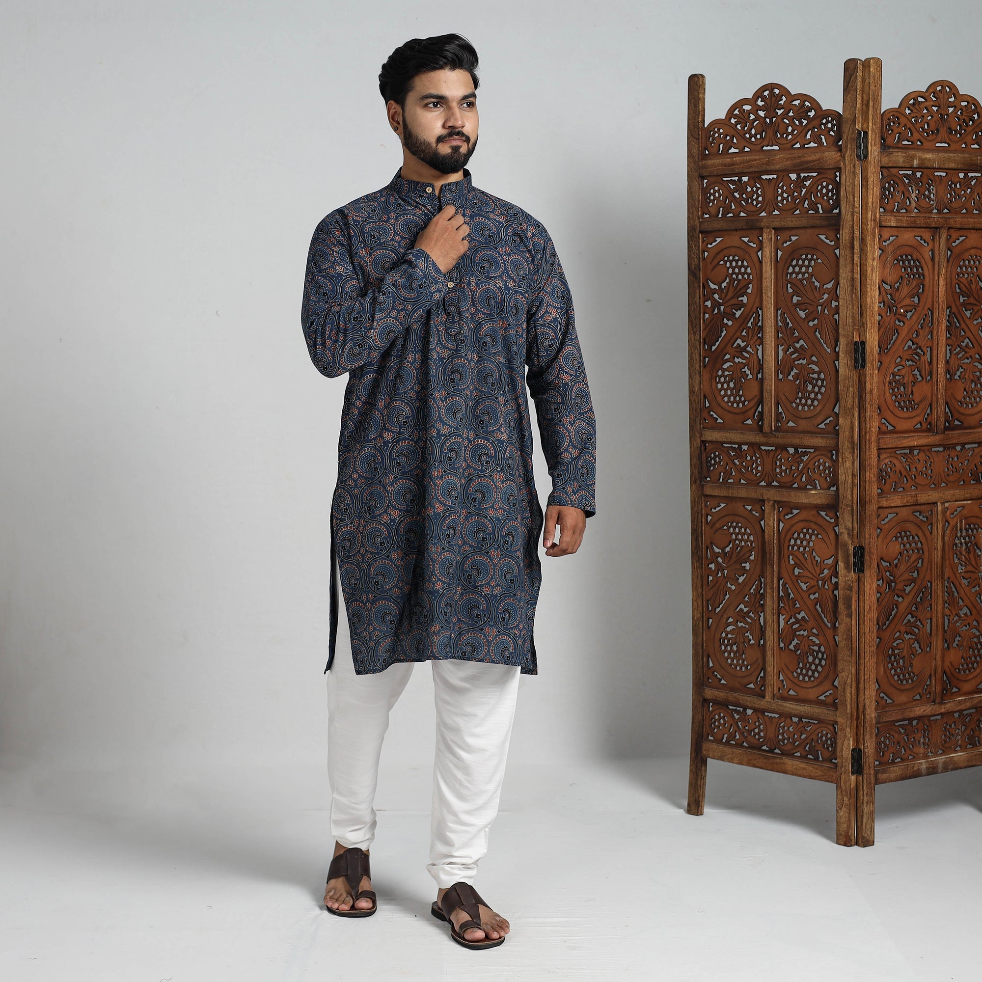 ITOKRI CASUALS Ajrakh Block Printed Cotton Men Long Kurta 19