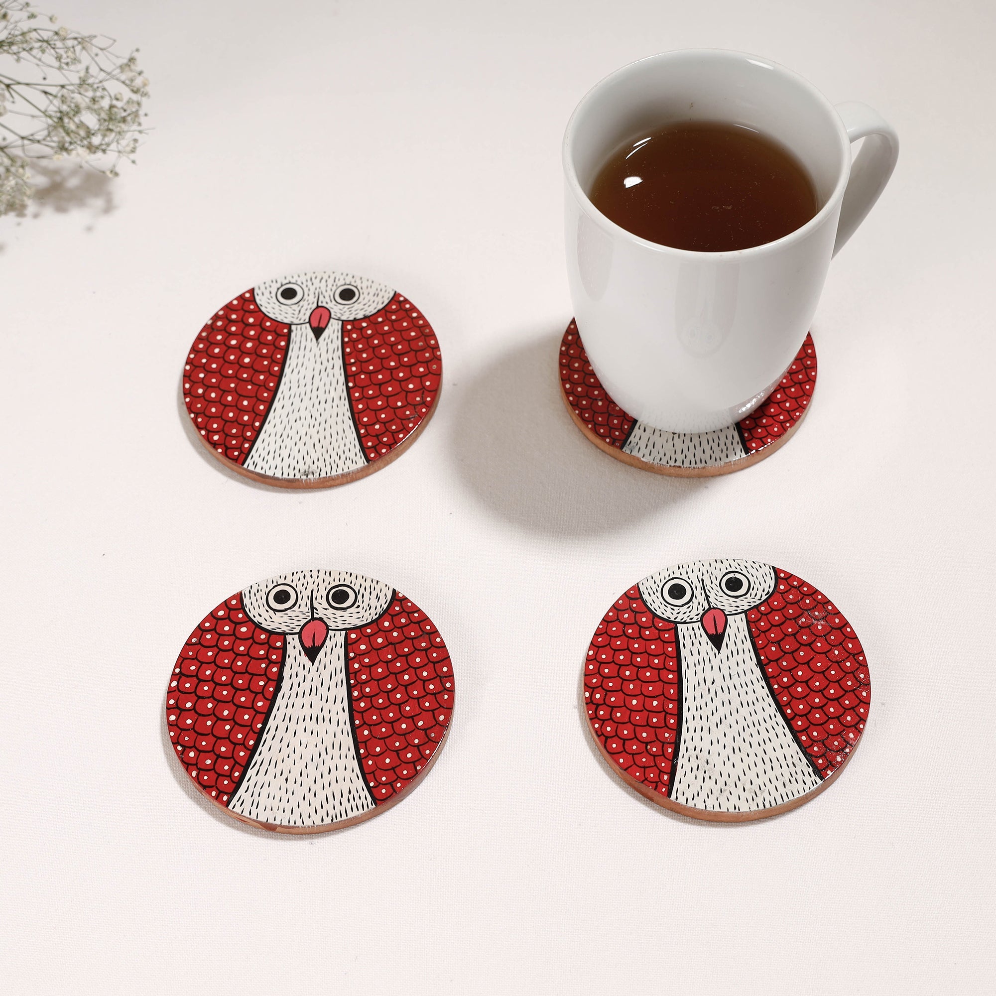 ITOKRI CRAFTS INITIATIVE Bengal Patua Handpainted Akashmoni Wooden Coasters (Set of 4)