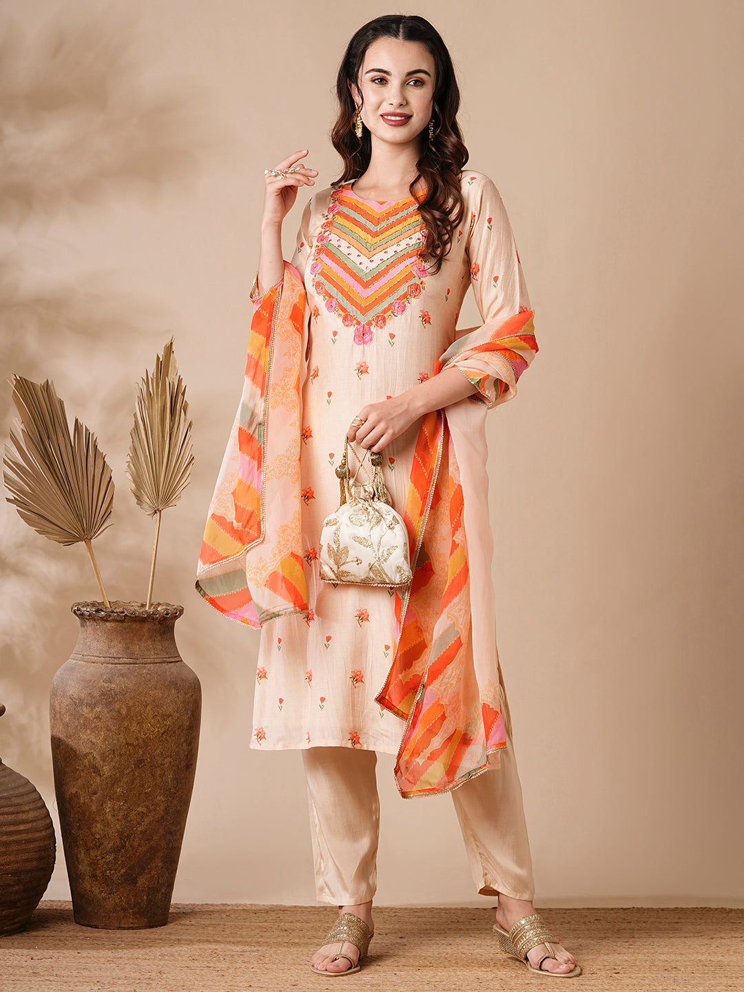Fashor Floral Printed Mirror & Aari Embroidered Kurta with Pants & Dupatta - Cream
