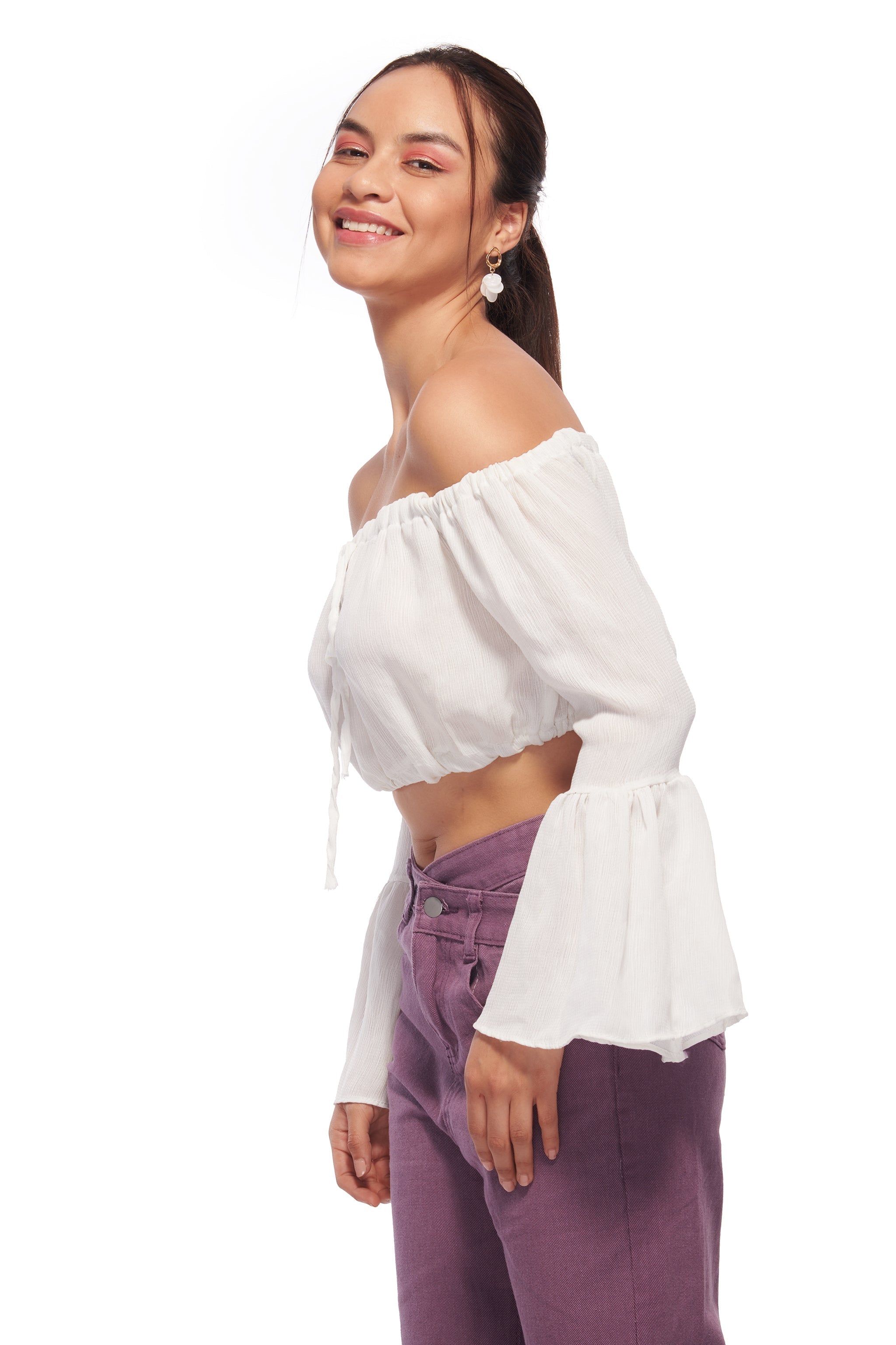 Cottage Core Bell sleeve Crinkle Top – White - view 4