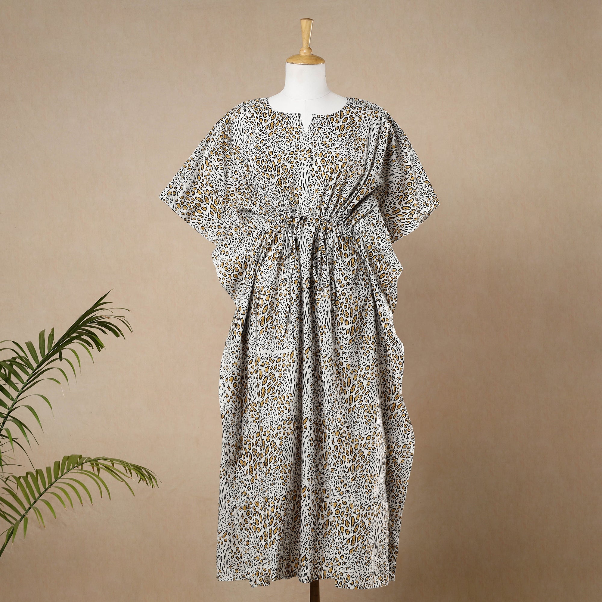 CHUTNEY CRAFT STUDIO Beige - Hand Block Printed Cotton Kaftan with Tie-Up Waist (Long)
