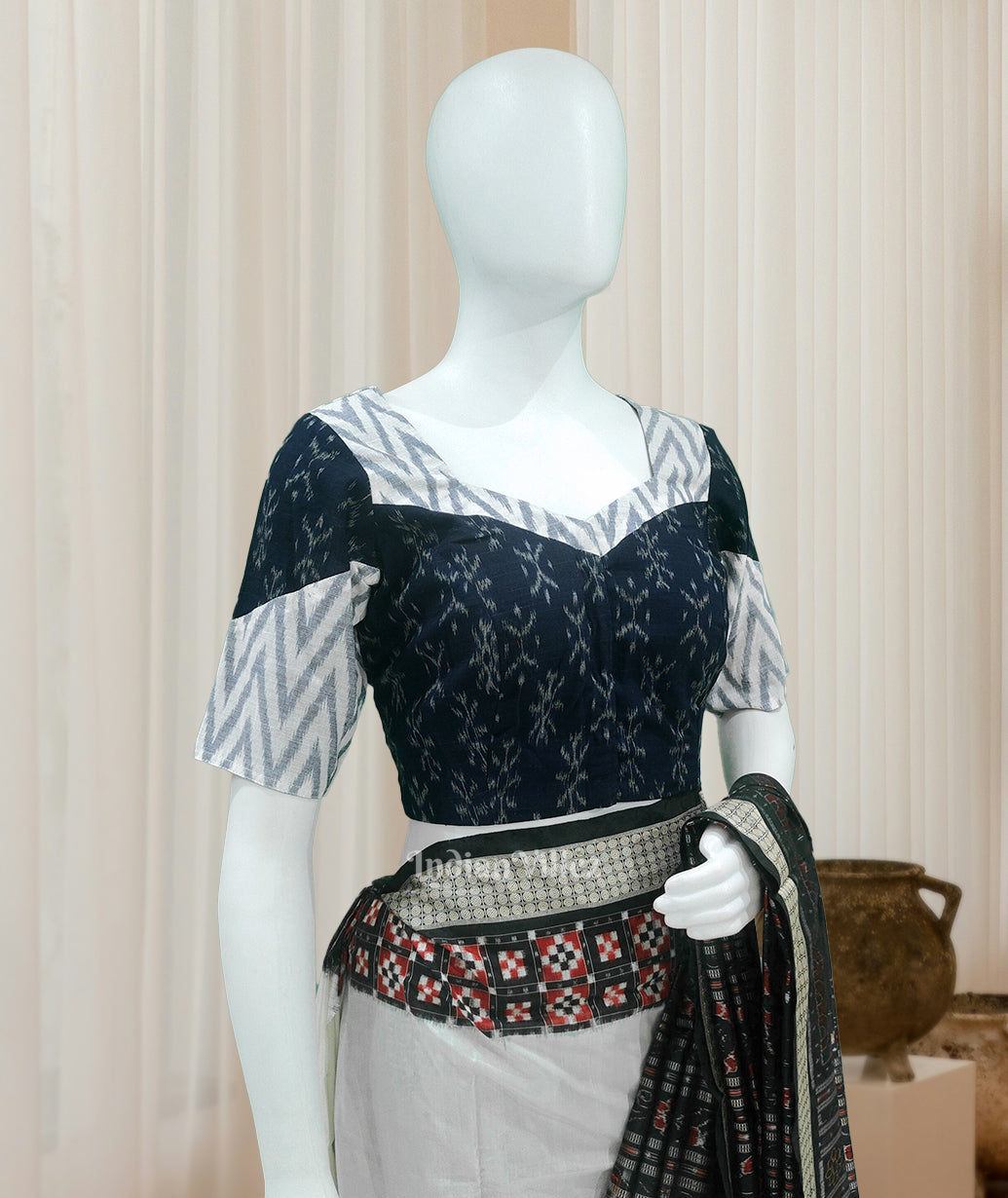 IndianVillèz Blue White Odisha Ikat Sambalpuri Cotton Blouse
