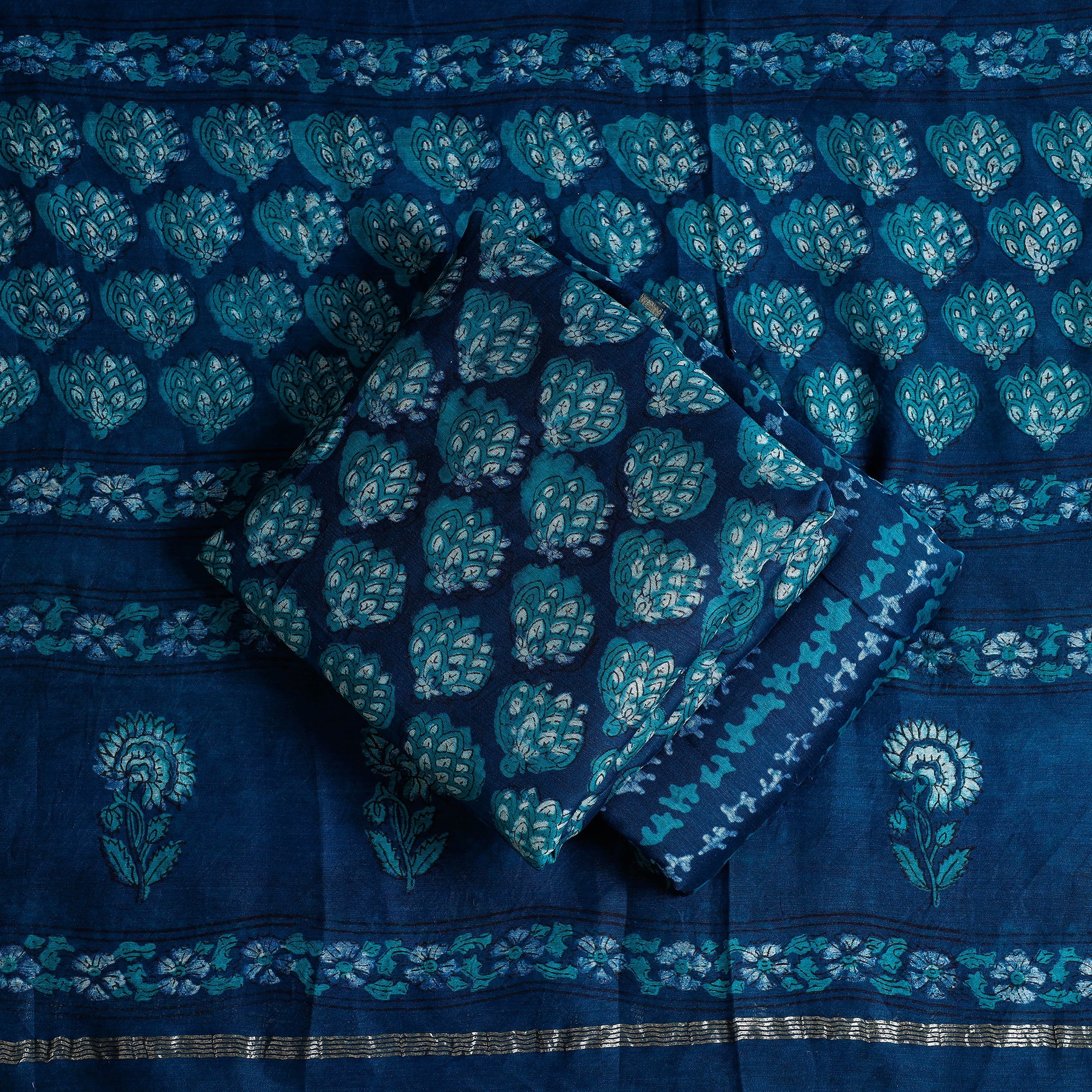HAVELI CHRONICLES Blue - 3pc Akola Block Printed Chanderi Silk Suit Material Set - view 2