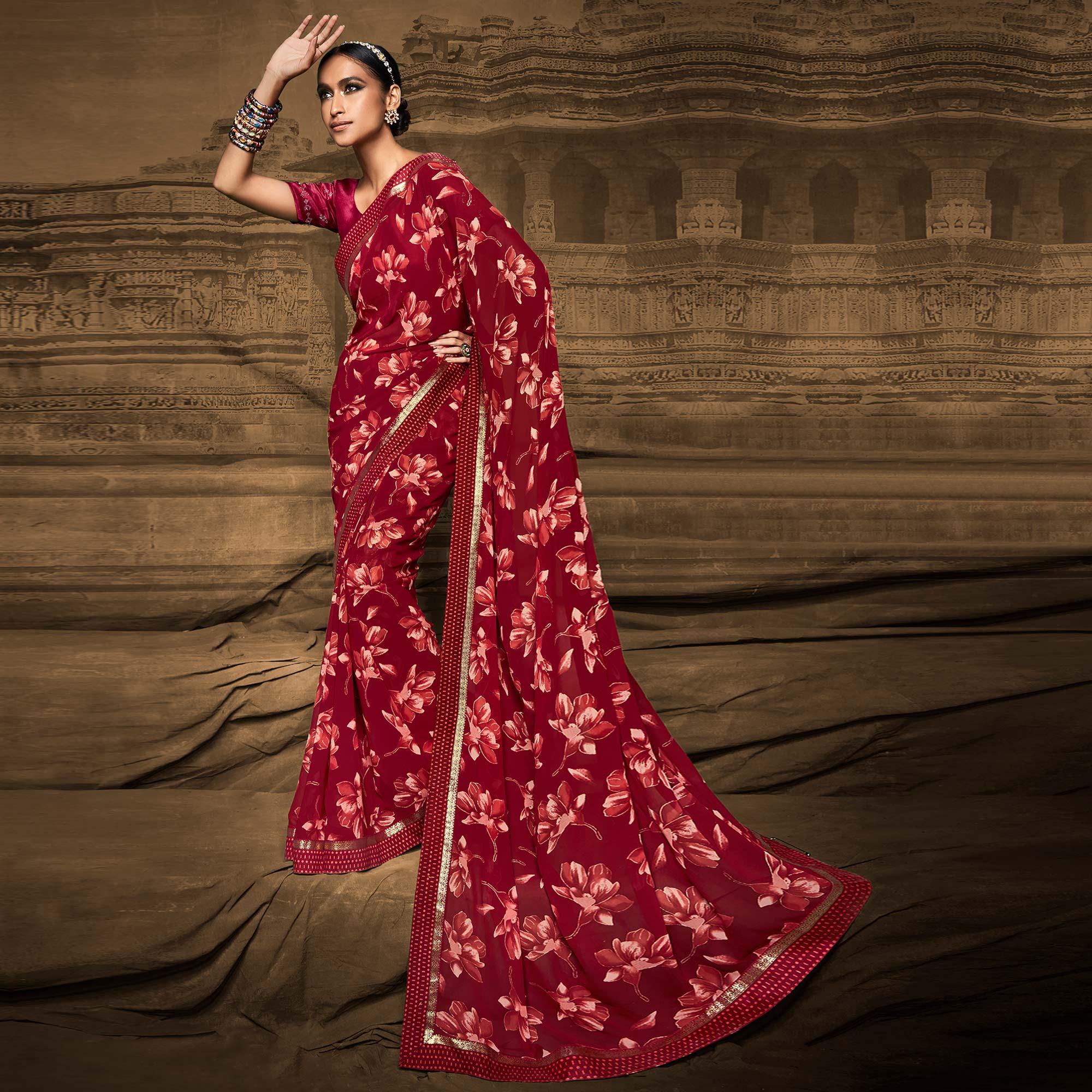 Peachmode Maroon Foil Printed Georgette Saree