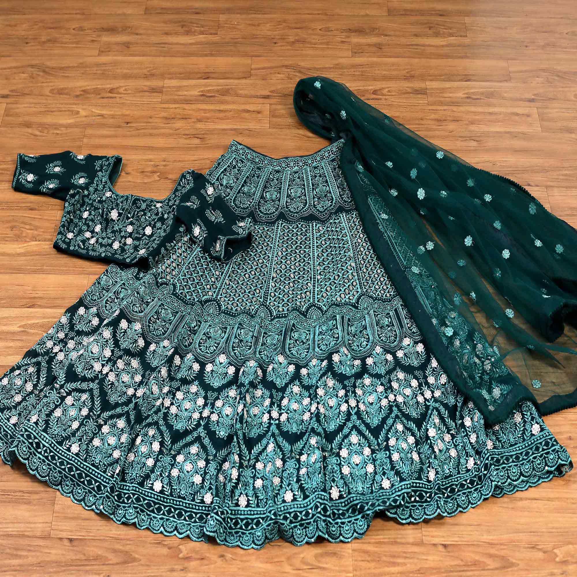 Peachmode Bottle Green Sequins Embroidered Georgette Lehenga Choli - view 3