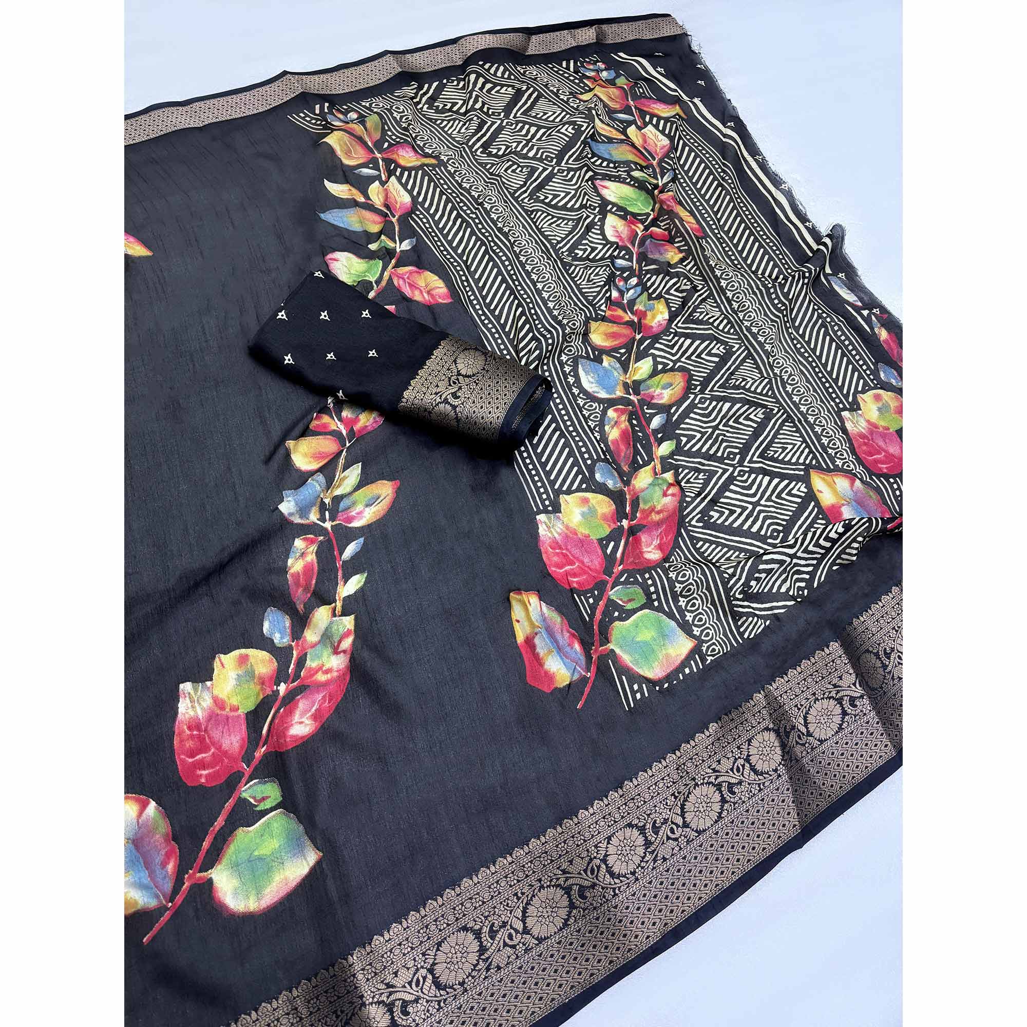 Peachmode Black Printed Dola Silk Saree With Jacquard Border - view 4