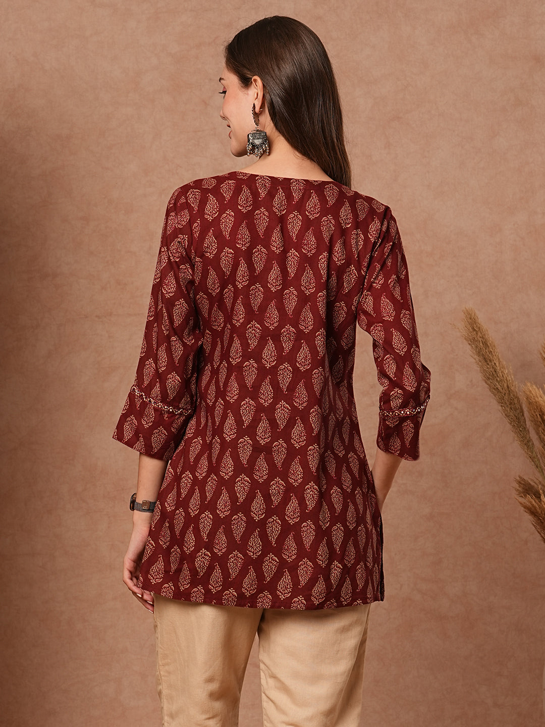 Fashor Ethnic Printed Mirror, Resham & Sequins Embroidered Kurti - Maroon - view 6