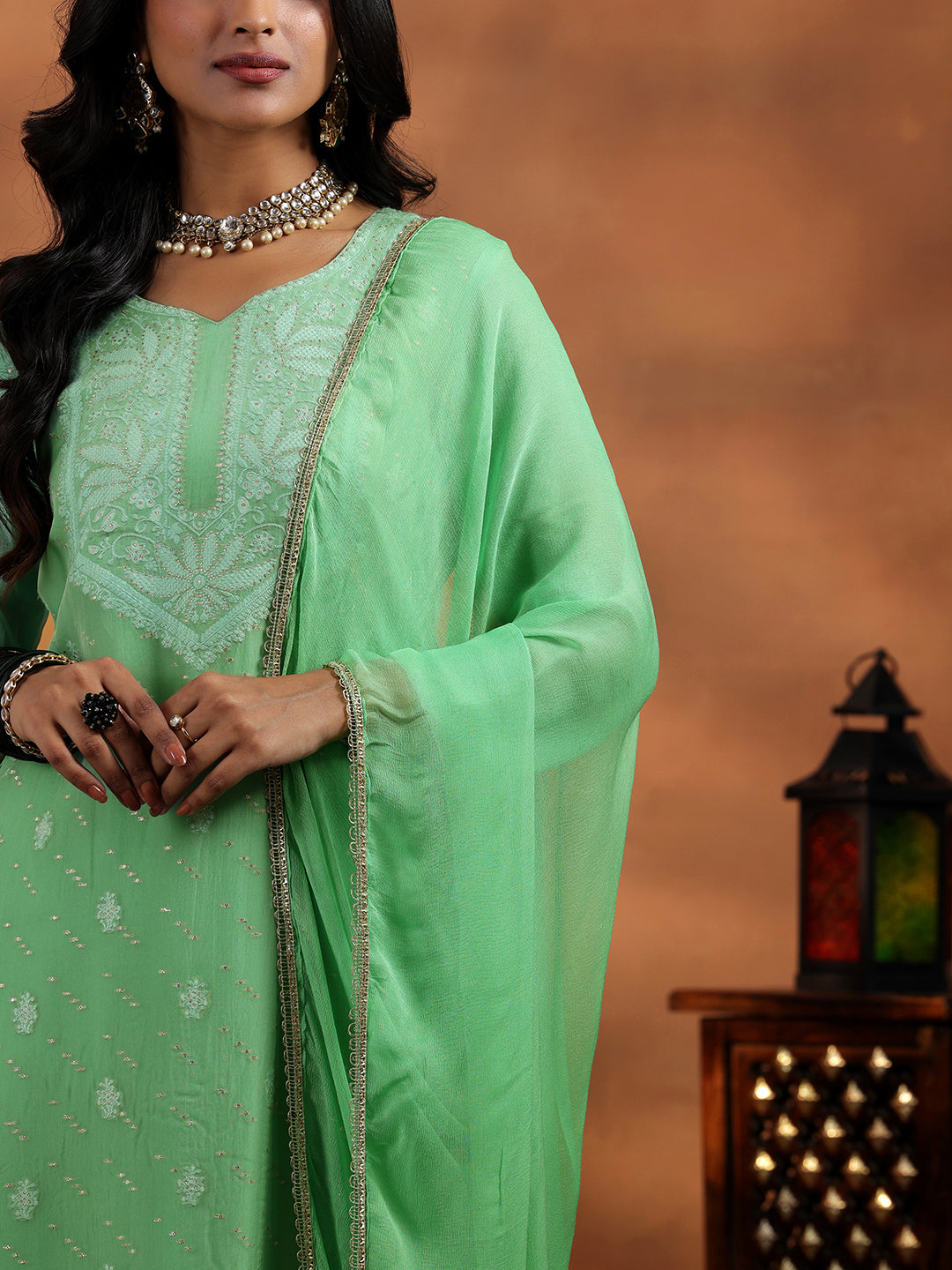 Libas Green Embroidered Organza Straight Suit With Dupatta - view 8