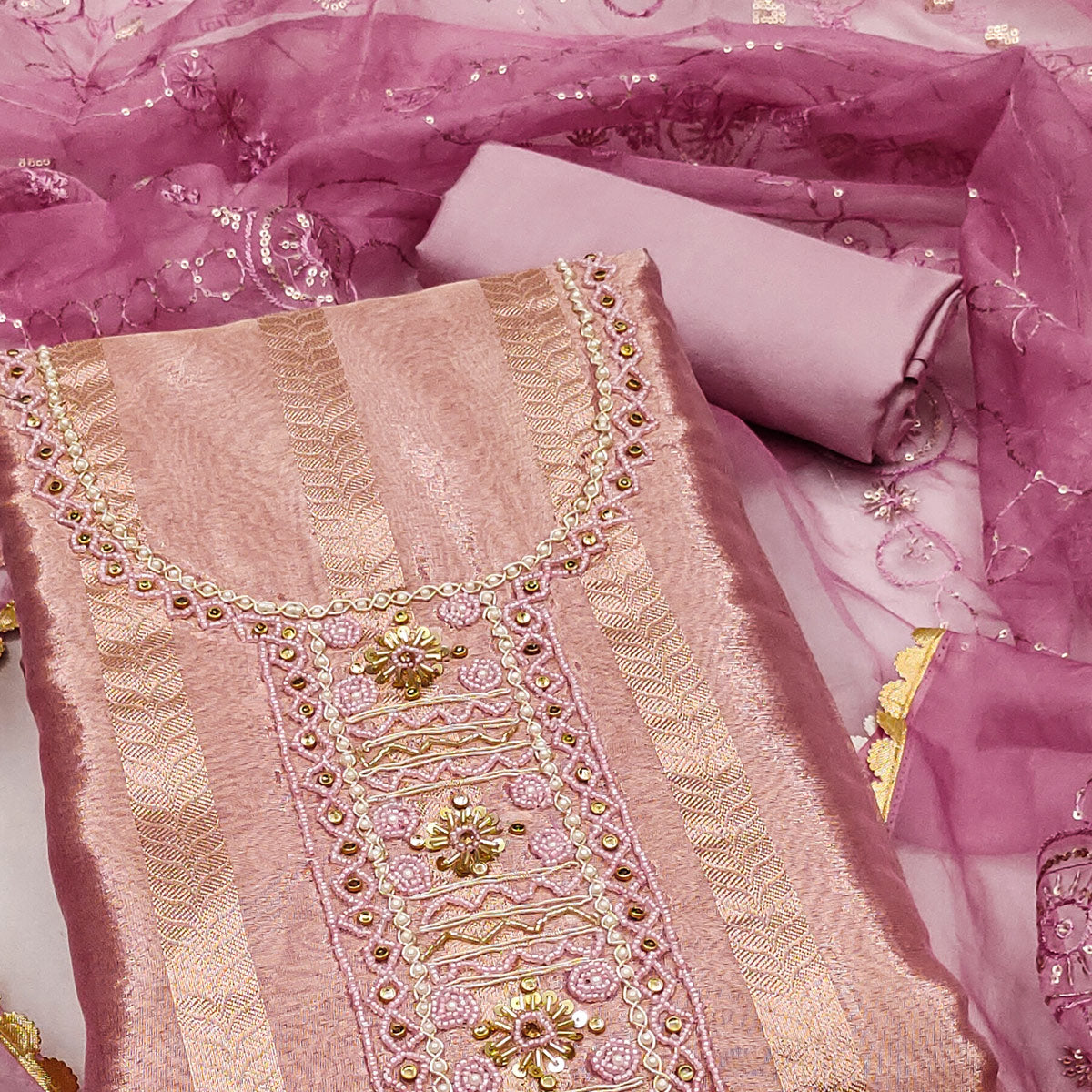 Peachmode Mauve Sequins Hand Embroidery Organza Dress Material - view 2