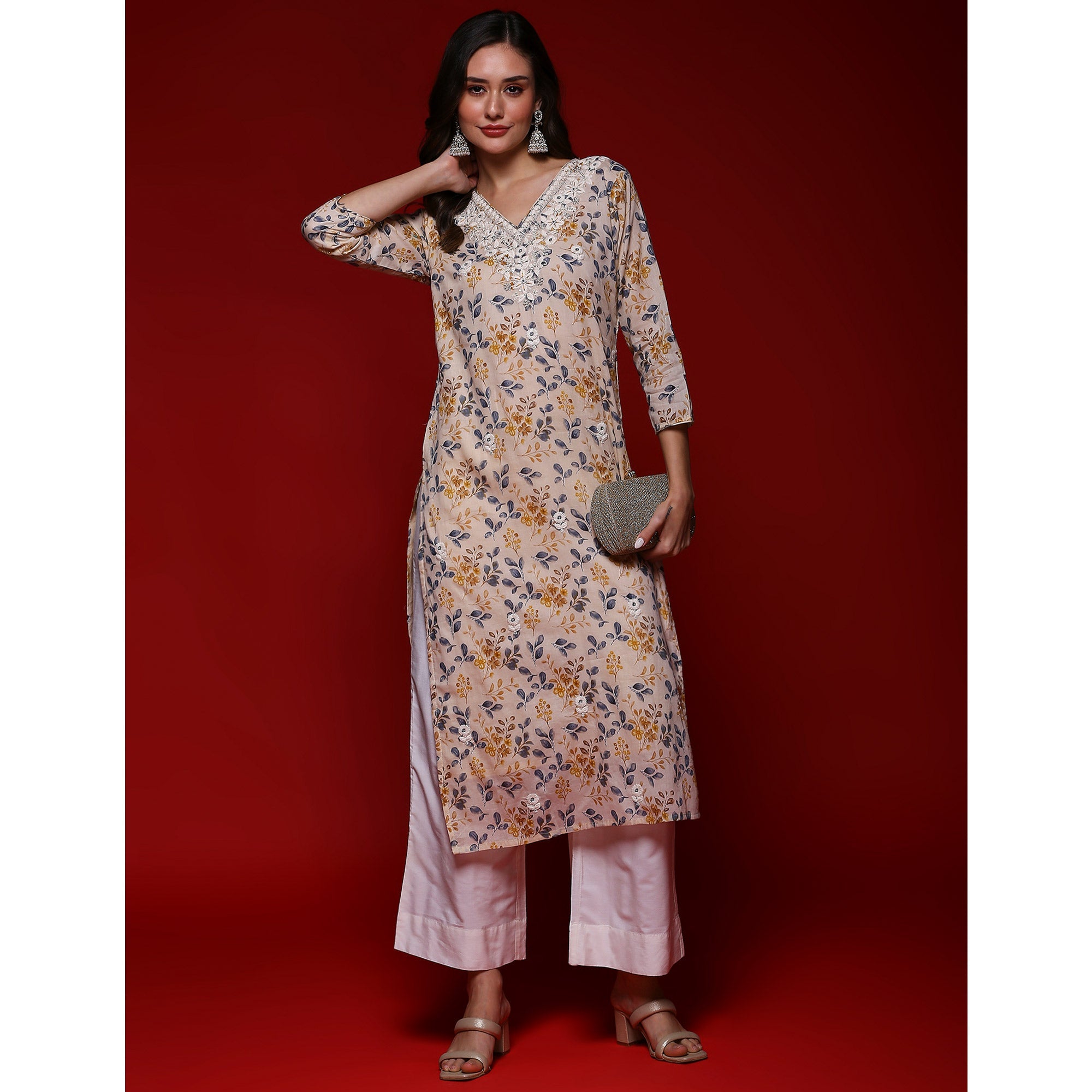 Peachmode Chikoo Floral Printed Mulmul Cotton Straight Kurti - view 2