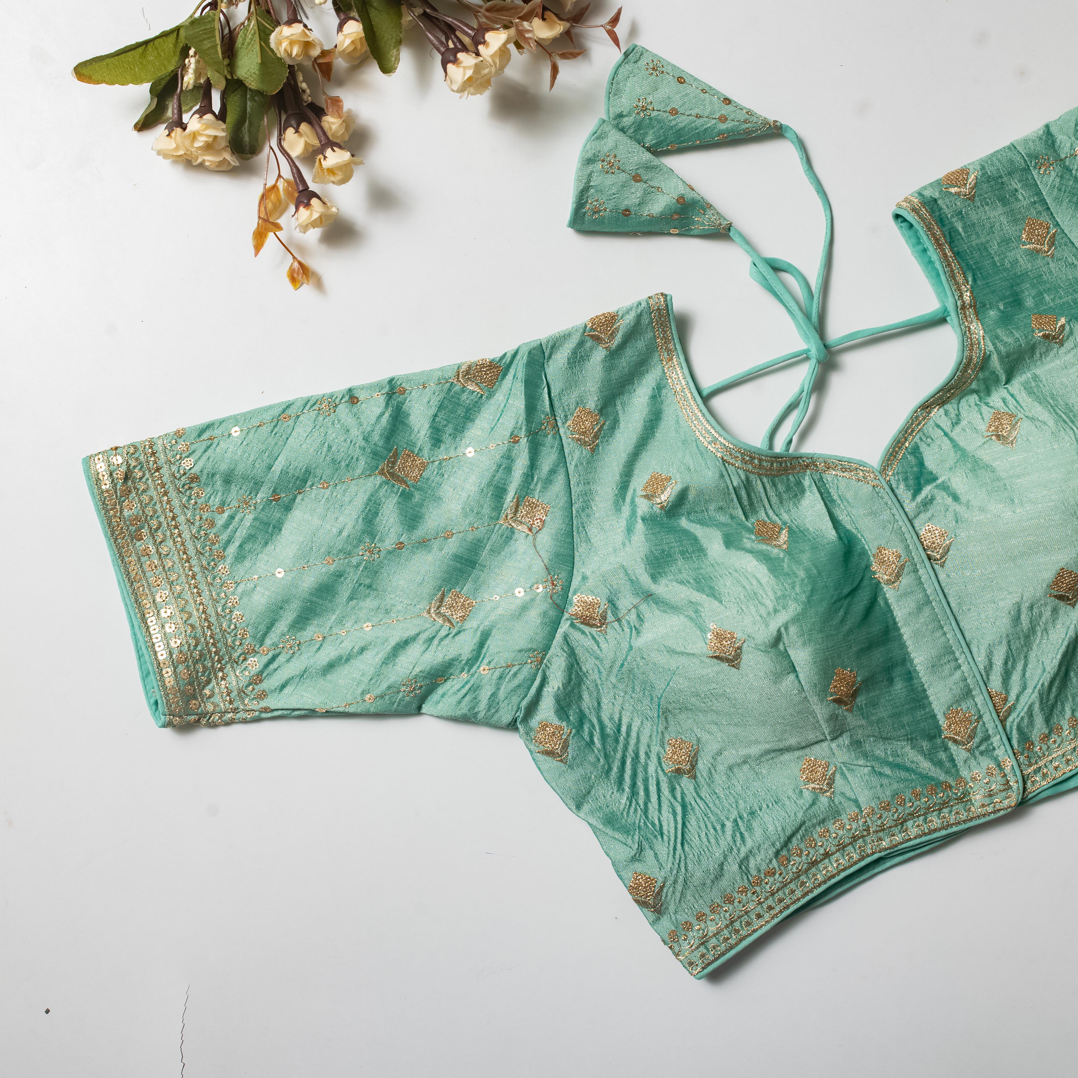 ClothsVilla Mint Green Golden Embroidered Vibrant Silk Blouse with Sequins - view 2