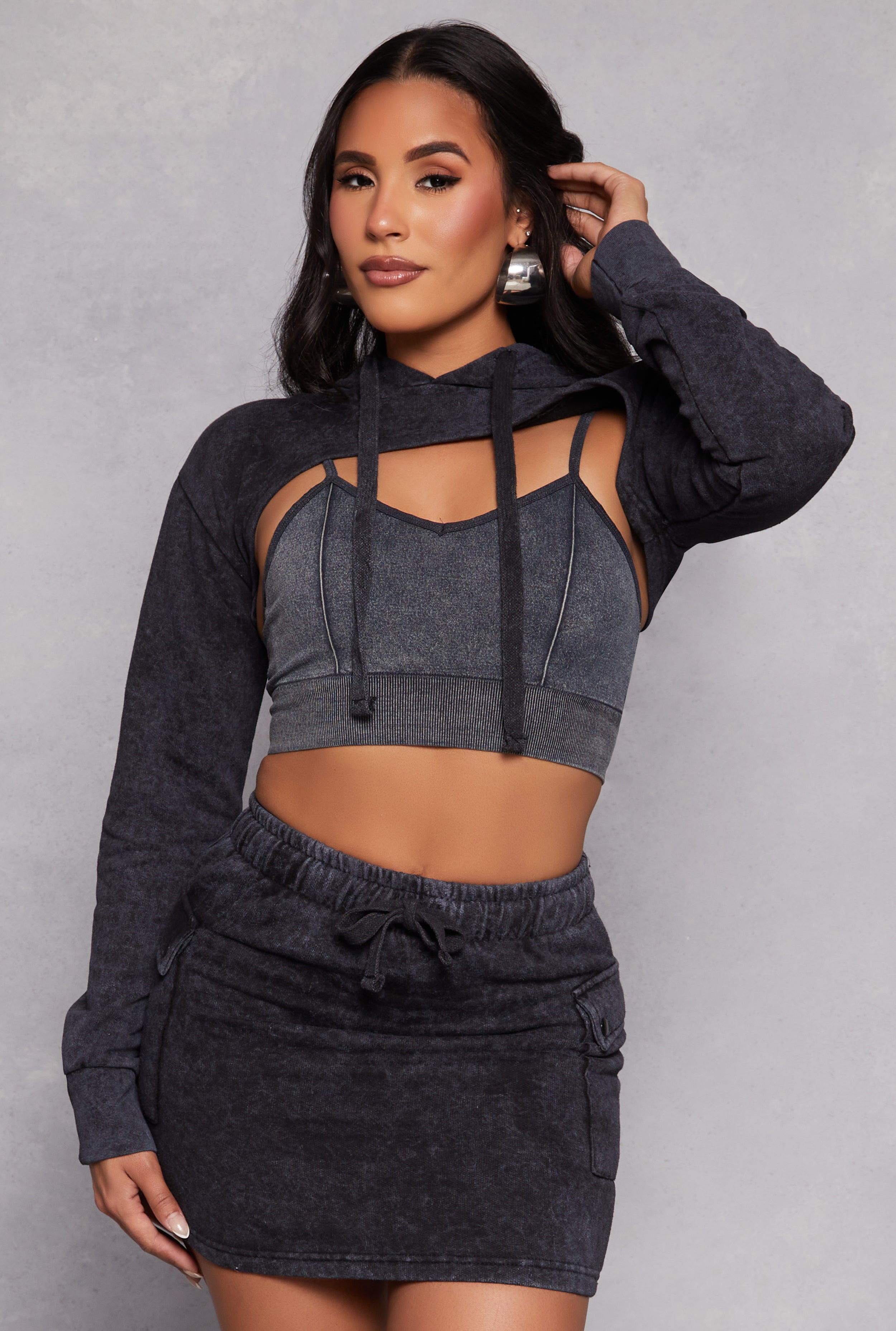 Rainbow Shops Mineral Wash Hooded Shrug Sweatshirt