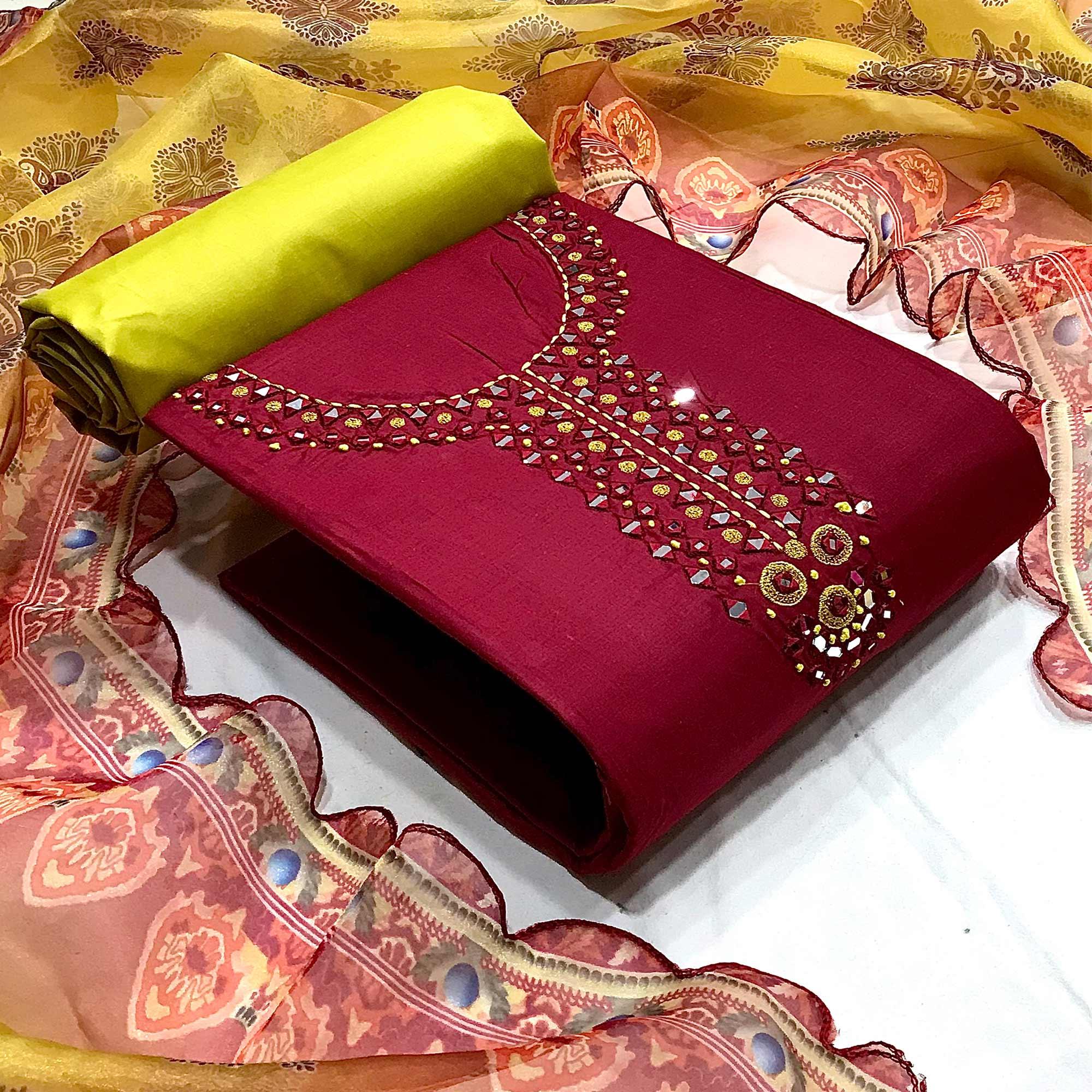 Peachmode Maroon Casual Wear Embroidered Cotton Dress Material