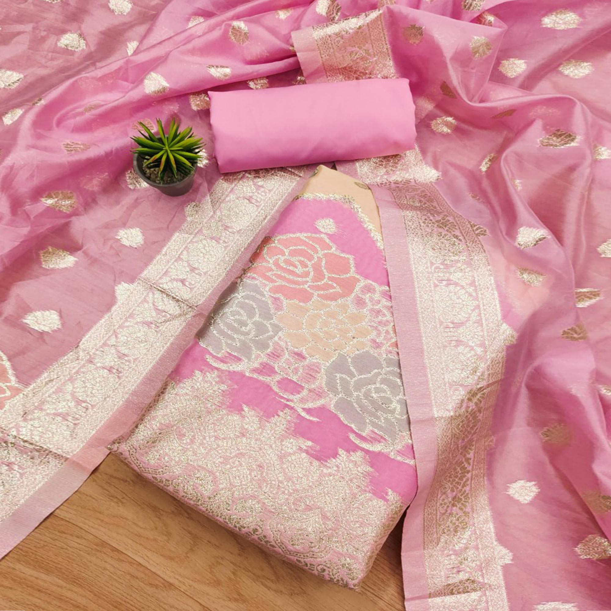 Peachmode Pink Floral Woven Organza Dress Material