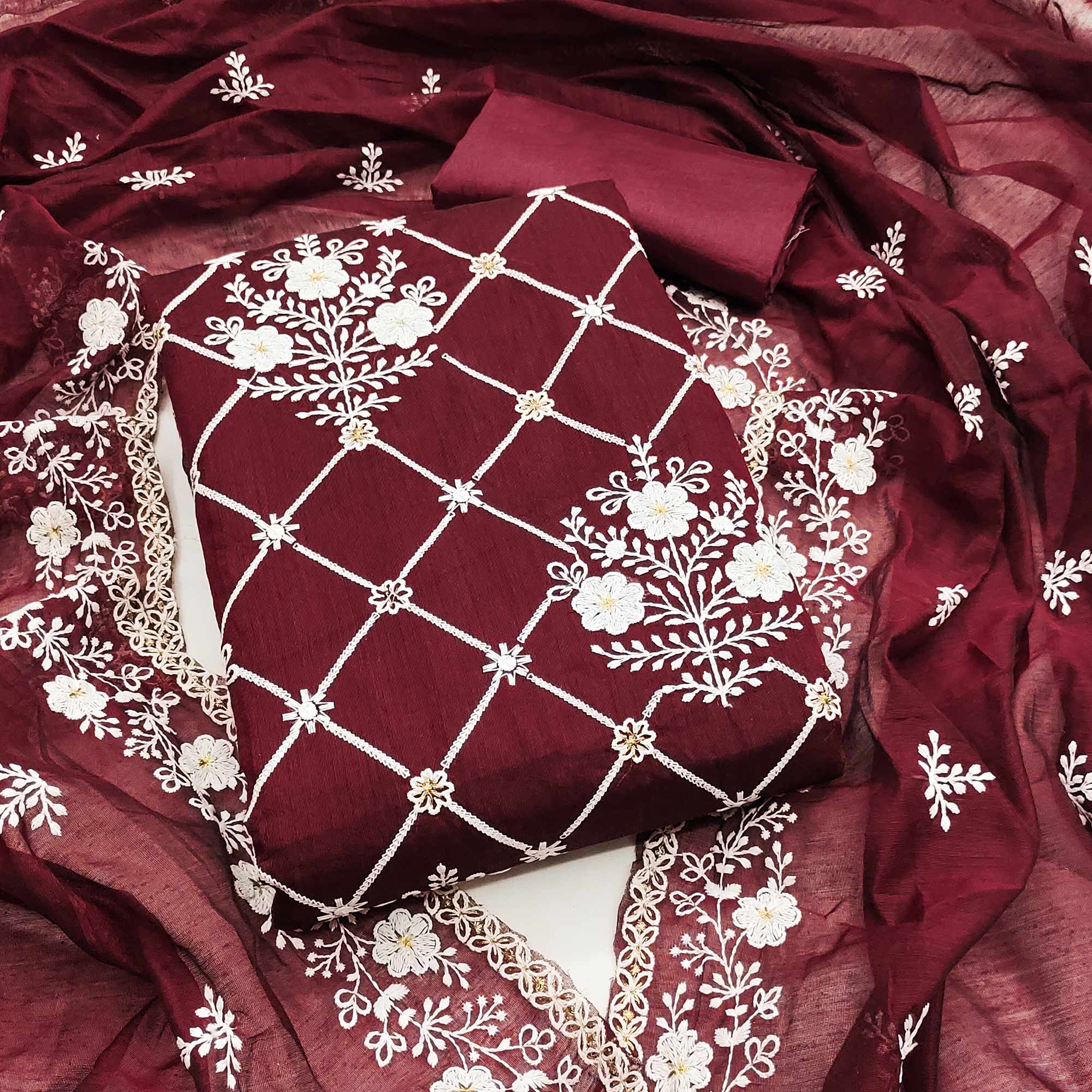 Peachmode Maroon Floral Embroidered Chanderi Cotton Dress Material