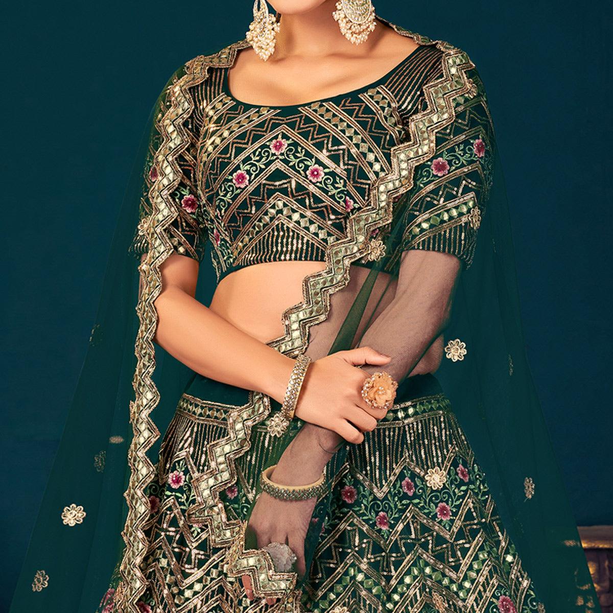Peachmode Dark Green Partywear Sequins With Gotta Patti Embroidered Georgette Lehenga Choli - view 2