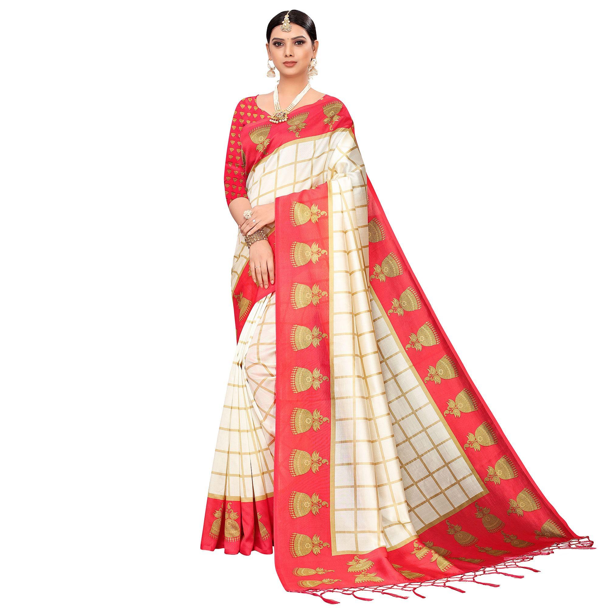 Peachmode Charming Off White-Red Colored Festive Wear Printed Mysore Silk Saree