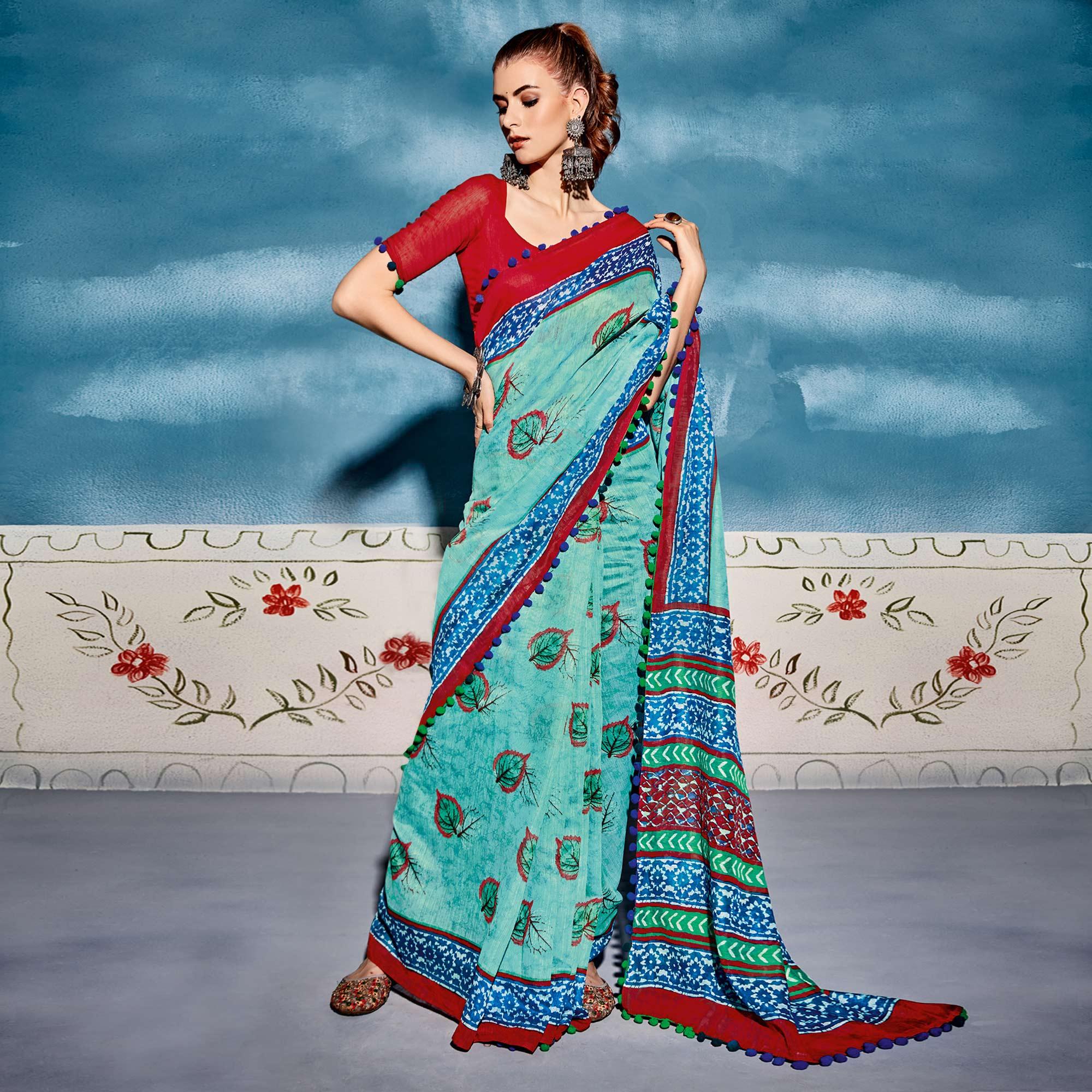 Peachmode Light Blue Printed Cotton Blend Saree With Pumpum Lace
