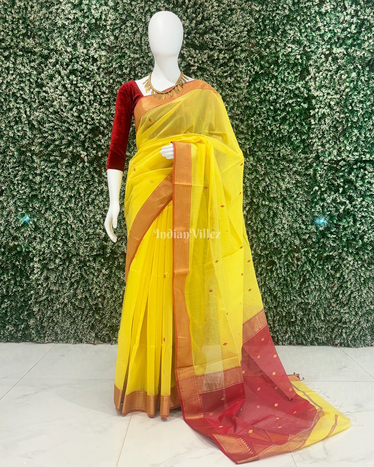 IndianVillèz Yellow Pure Silk Cotton Maheshwari Saree with Zari Border