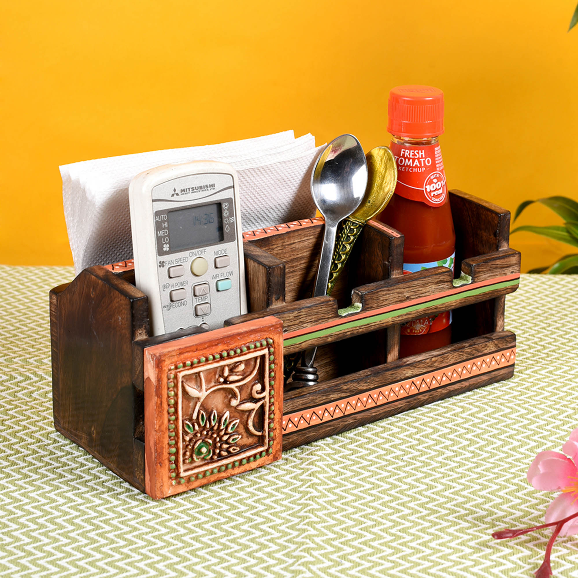 ART CREATIONS BY SUMAN SONTHALIA Brown - Cutlery Holder Handcrafted in Wood with Tribal Art (10x4x4")