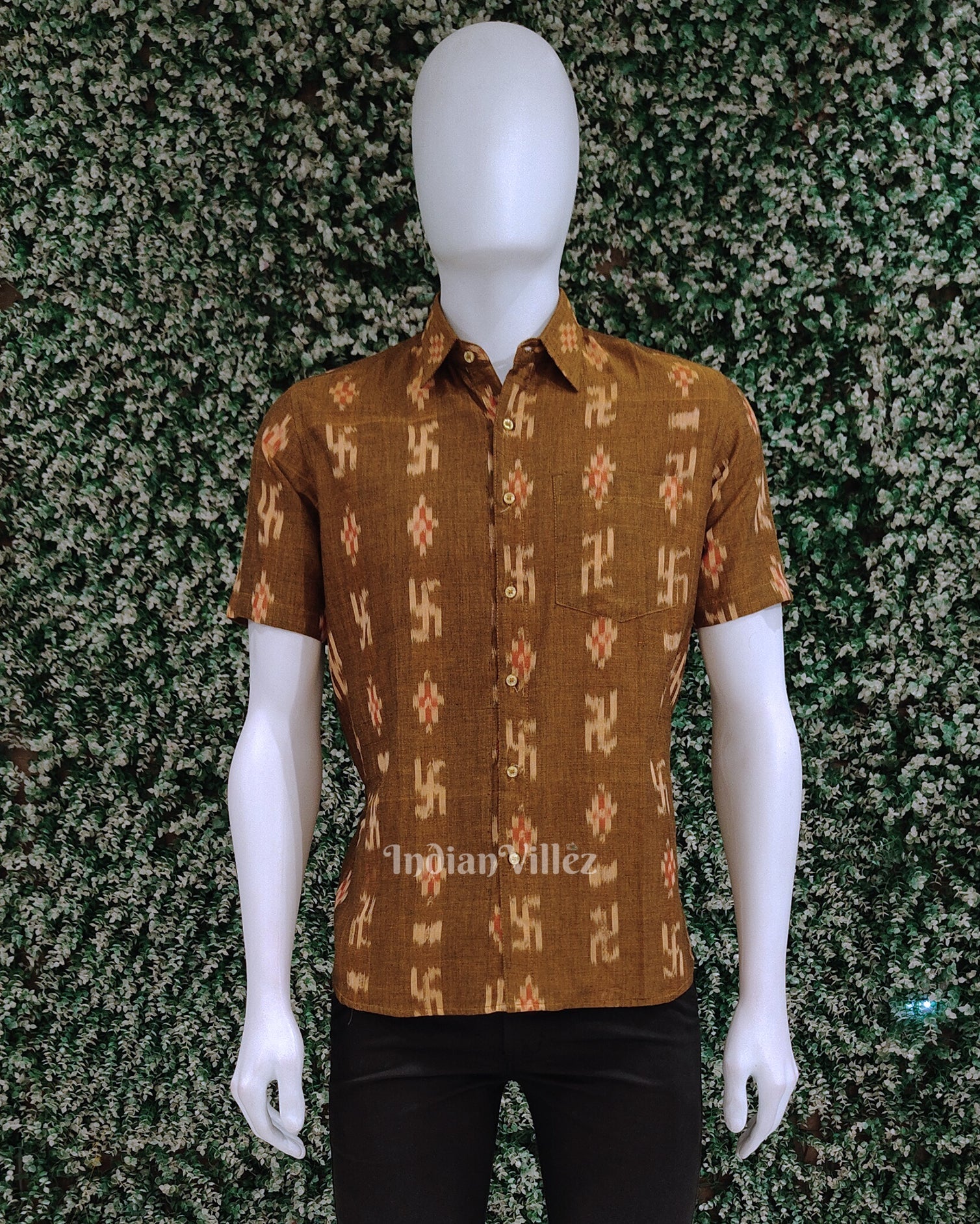 IndianVillèz Mustard Yellow Swastik Odisha Ikat Cotton Half Sleeve Shirt for Men