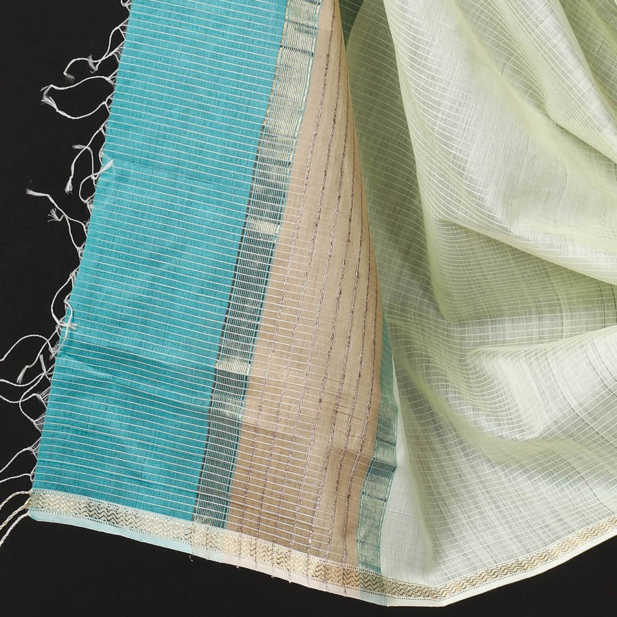 ITOKRI CRAFTS INITIATIVE Blue - 2pc Maheshwari Silk Cotton Handloom Stripe Suit Material Set with Zari Border - view 4