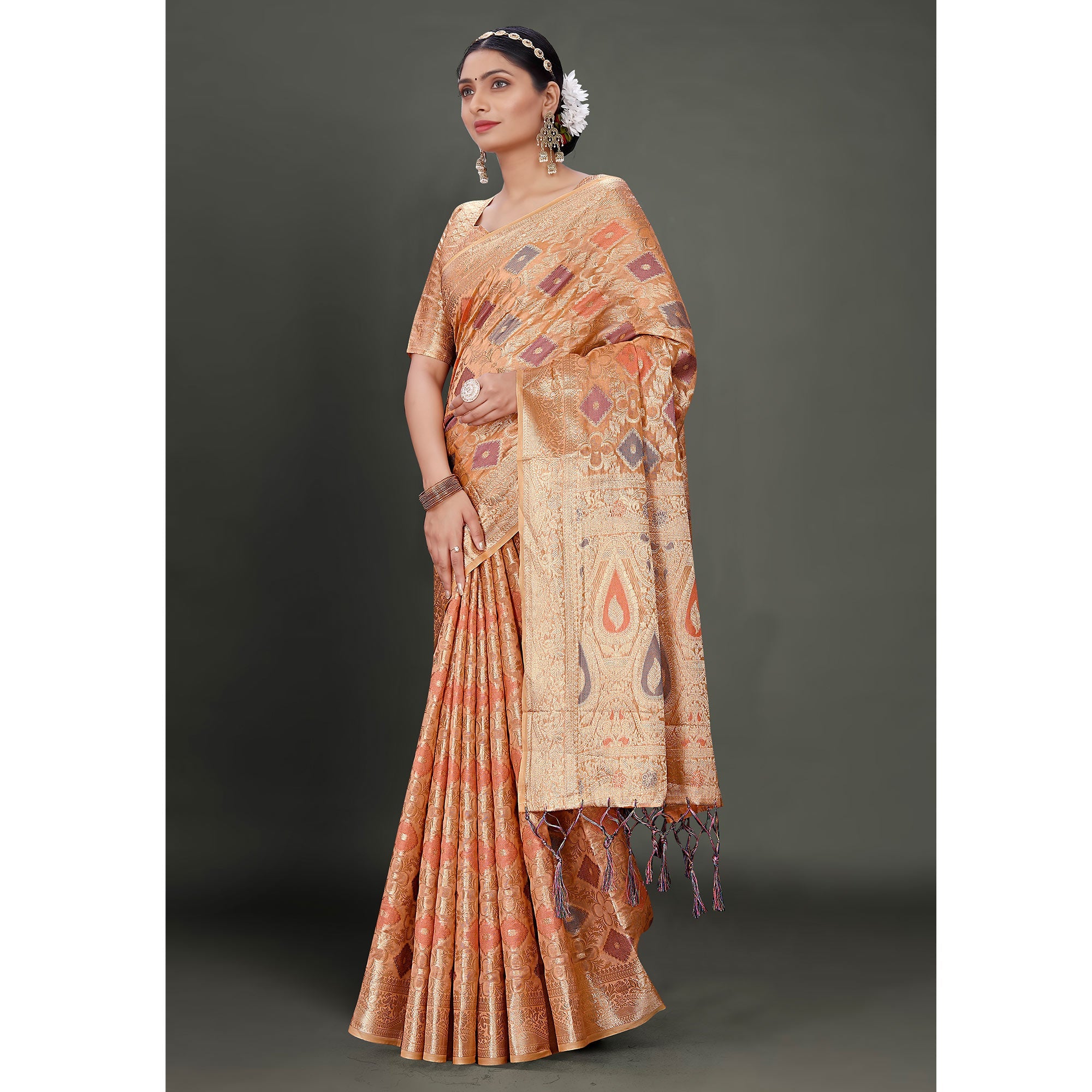 Peachmode Dark Peach Woven Organza Saree With Tassels - view 4