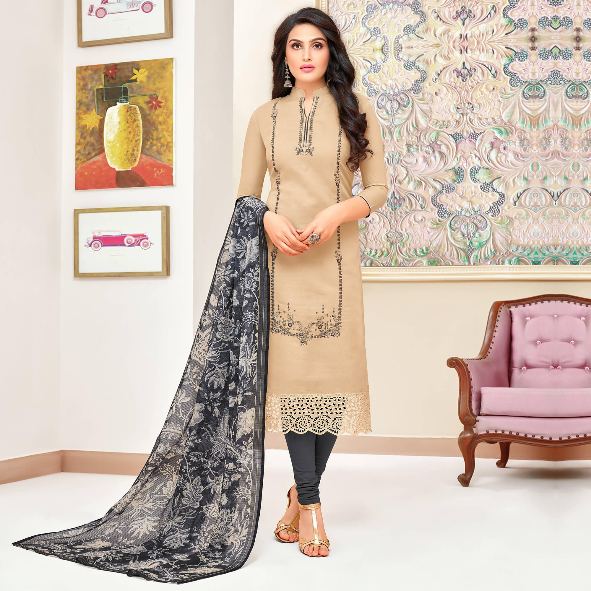 Peachmode Magnetic Beige Colored Partywear Embroidered Modal Silk Suit