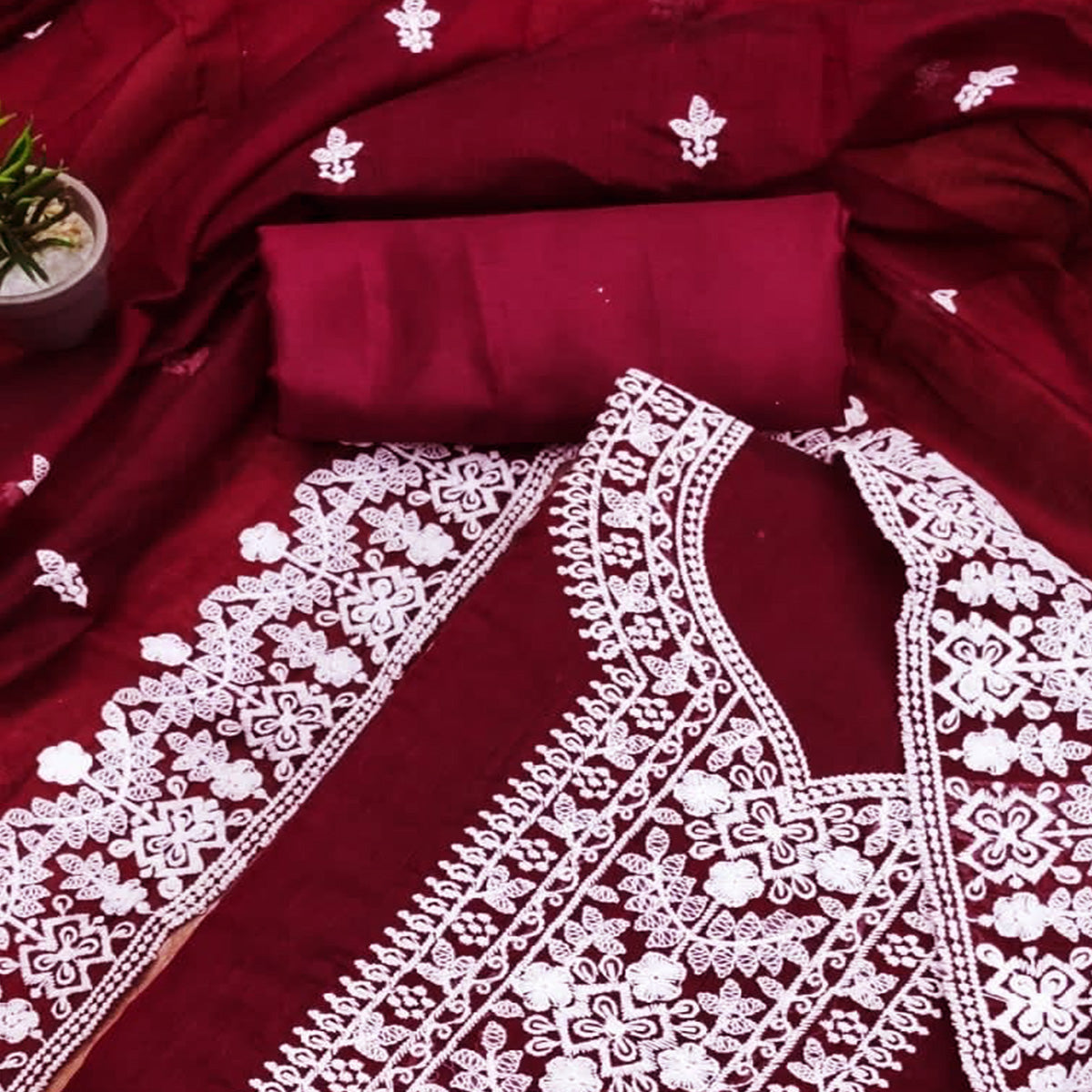Peachmode Maroon Lucknowi Embroidered Modal Dress Material - view 2